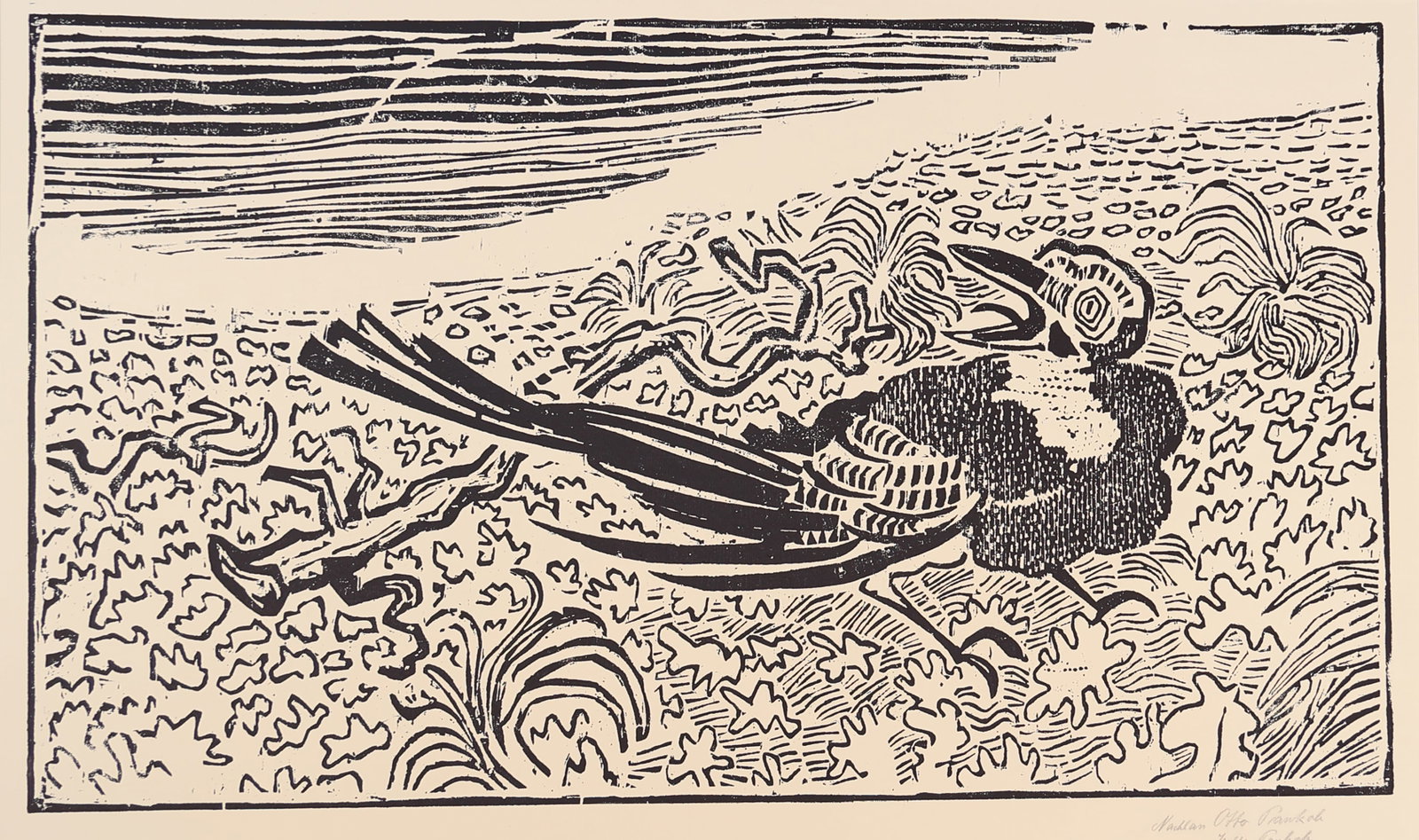 Otto Pankok* (Mülheim an der Ruhr 1893 - 1966 Wesel): Otto Pankok* (Mülheim an der Ruhr 1893 - 1966 Wesel) Jay woodcut/paper 41,6 x 70 cm inscribed Nachlass Otto Pankok SCHÄTZPREIS / ESTIMATE °€ 100 - 200<