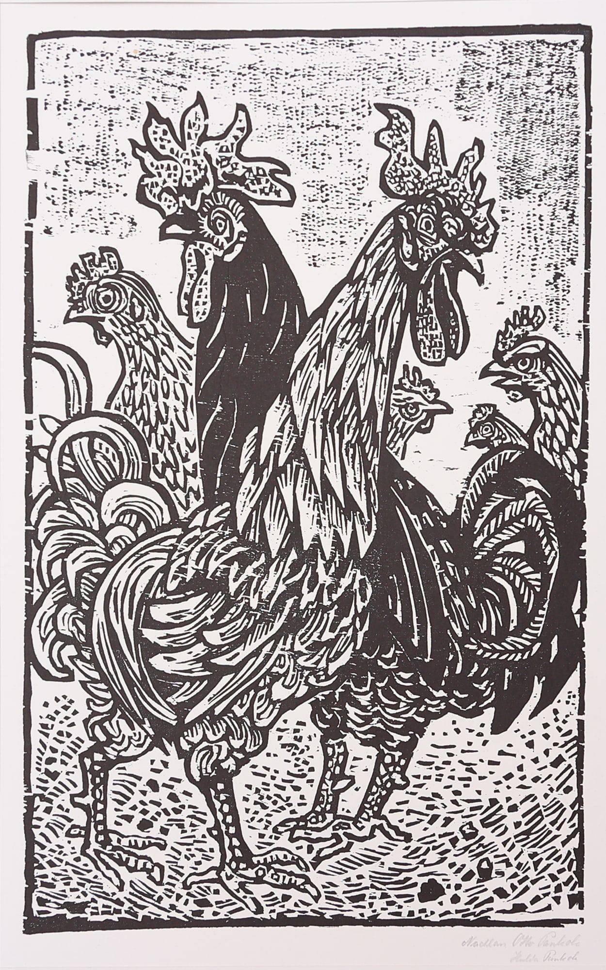 Otto Pankok* (Mülheim an der Ruhr 1893 - 1966 Wesel): Otto Pankok* (Mülheim an der Ruhr 1893 - 1966 Wesel) Chickens and roosters woodcut/paper 63 x 39,5 cm inscribed Nachlass Otto Pankok SCHÄTZPREIS / ESTIMATE °