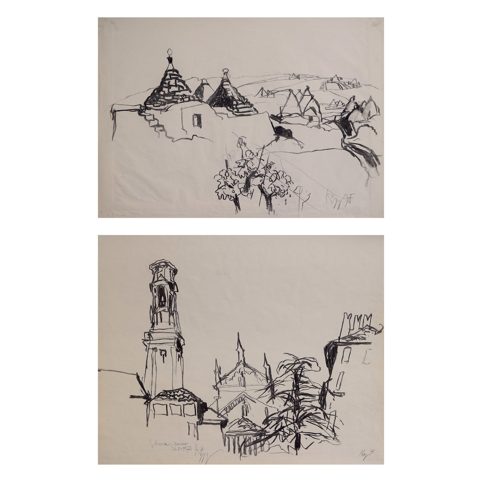 Kurt Panzenberger* (born 1942 in Vienna): Kurt Panzenberger* (born 1942 in Vienna) Bundle of 2 scenes from Italy 1| Verona, Duomo, 1975 charcoal/paper 49 x 61 cm signed K Panzenberger, dated 26.8.1975 monogrammed KP, inscribed Verona