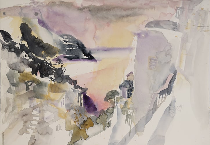 Kurt Panzenberger* (born 1942 in Vienna): Kurt Panzenberger* (born 1942 in Vienna) Valley landscape, 1989 watercolor/paper 36,3 x 56 cm signed K Panzenberger, dated 89 SCHÄTZPREIS / ESTIMATE °€ 200