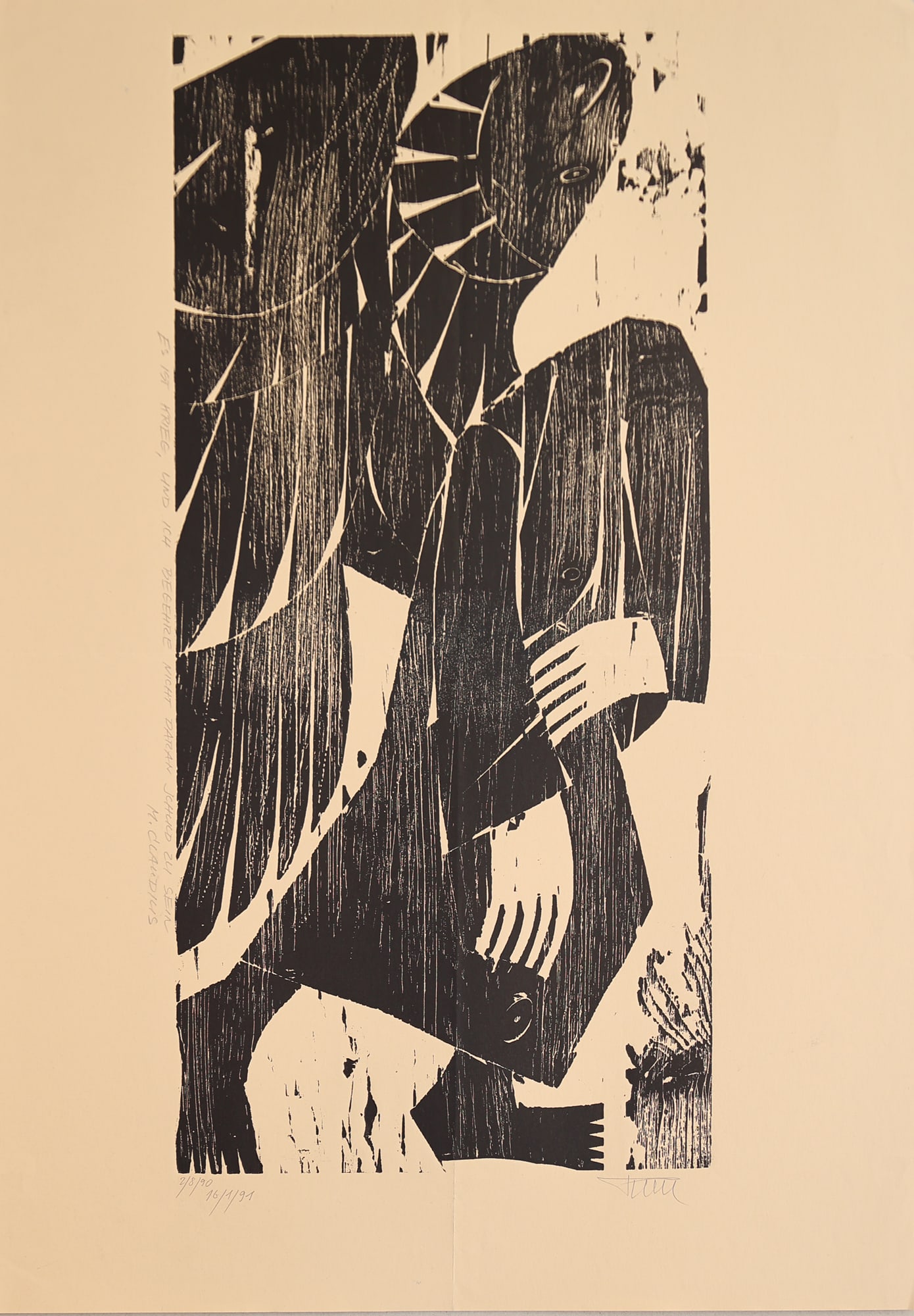 Alfred Pohl* (Essen 1928 - 2019 Göttingen): Alfred Pohl* (Essen 1928 - 2019 Göttingen) Mourner, 1990-1991 woodcut/paper 60,5 x 28,8 cm signed Pohl, dated 2/8/90 16/1/91 inscribed Es ist Krieg, und ich begehre nicht daran Schuld zu sein.