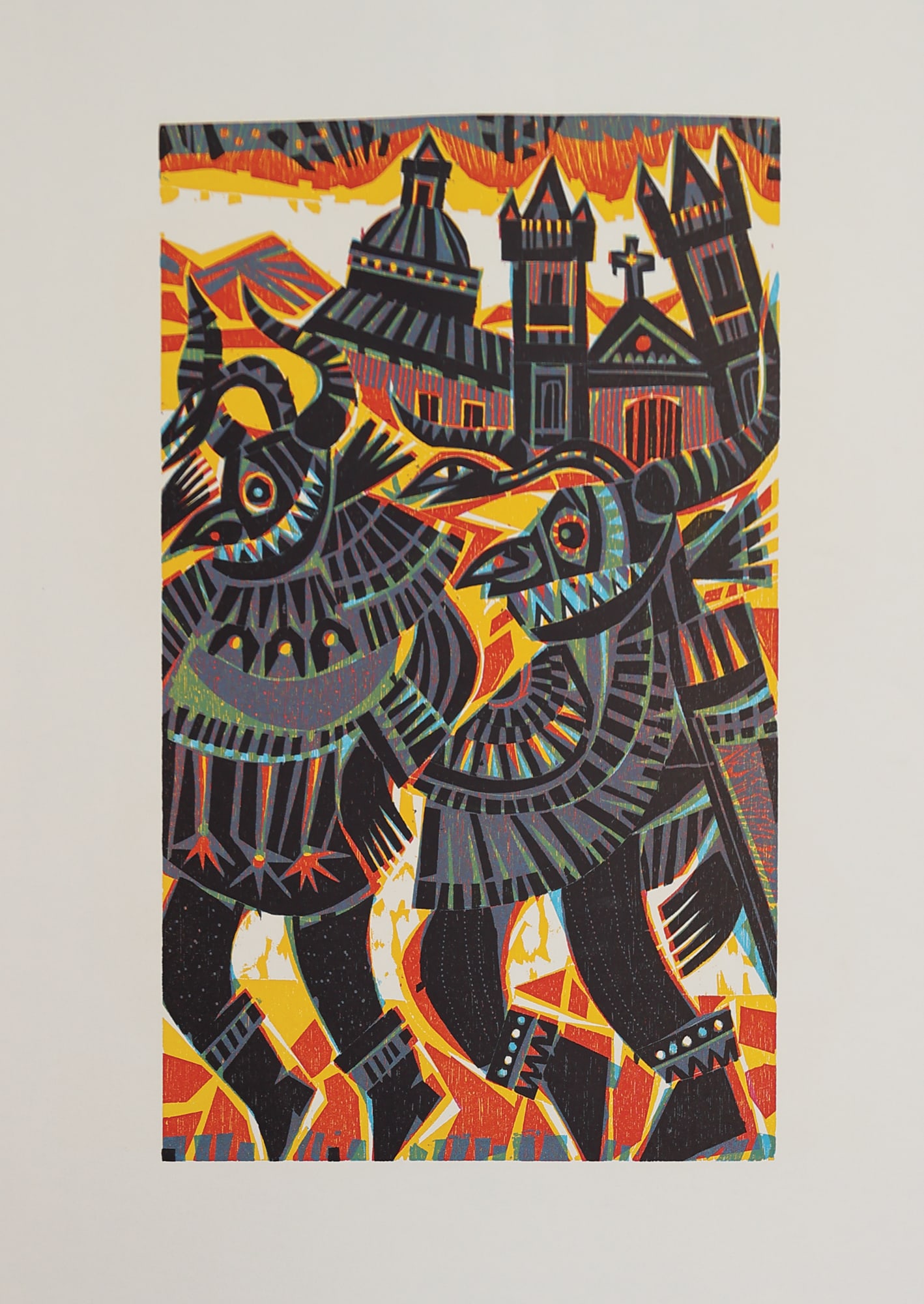 Alfred Pohl* (Essen 1928 - 2019 Göttingen): Alfred Pohl* (Essen 1928 - 2019 Göttingen) Fiesta Diablada linocut/paper 49,5 x 29,9 cm SCHÄTZPREIS / ESTIMATE °€ 60 - 80 STARTPREIS / STARTING PRICE °€ 60 Alfred Pohl