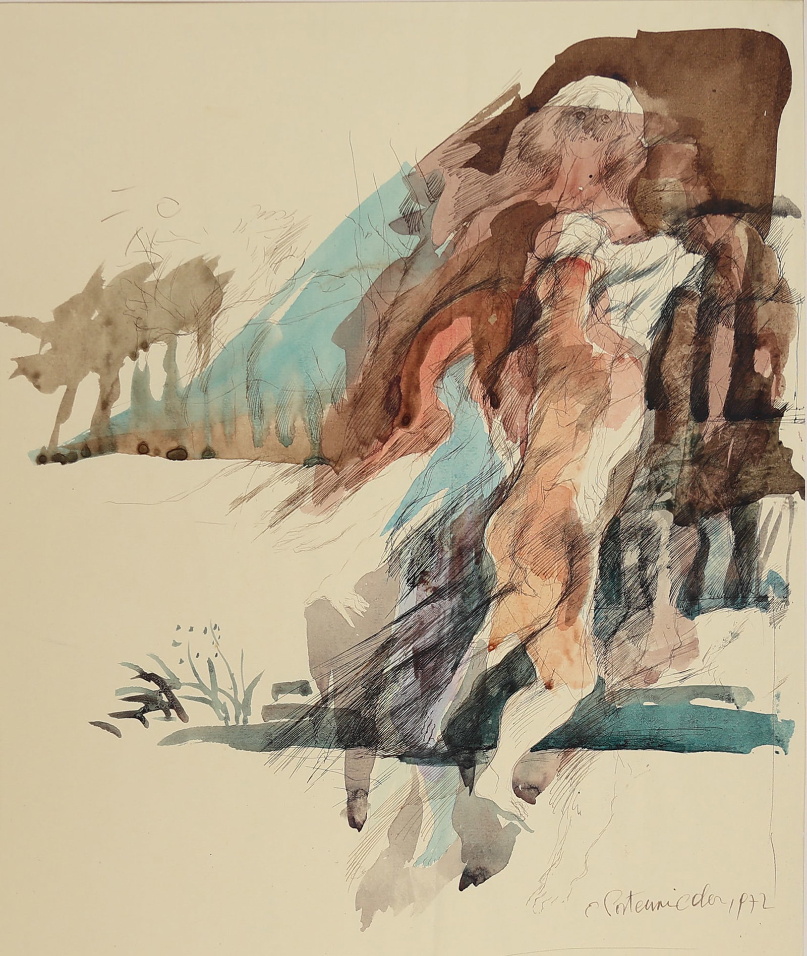 Erich Postenrieder* (1940 - 1974): Erich Postenrieder* (1940 - 1974) Longing, 1972 watercolor and ink/paper 57,2 x 41 cm signed E. Postenrieder, dated 1972 SCHÄTZPREIS / ESTIMATE °€ 100 - 200 STARTPREIS / STARTING