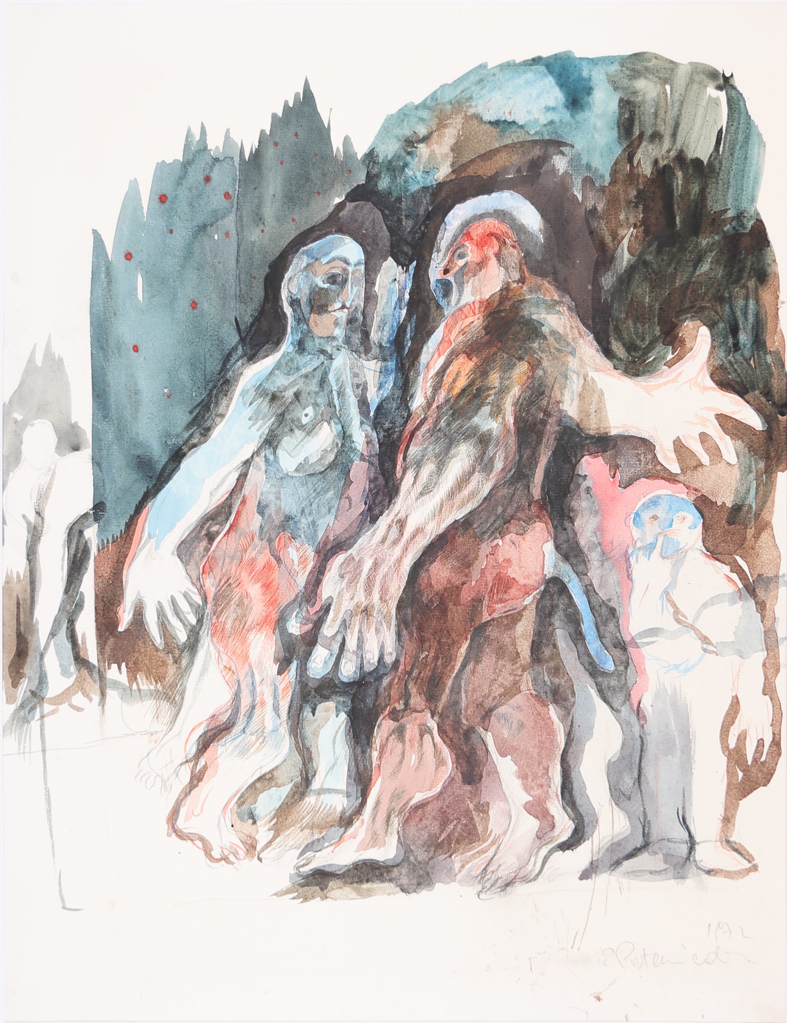 Erich Postenrieder* (1940 - 1974): Erich Postenrieder* (1940 - 1974) Discussion, 1972 watercolor and pencil/paper 50 x 36,5 cm signed E. Postenrieder, dated 1972 SCHÄTZPREIS / ESTIMATE °€ 100