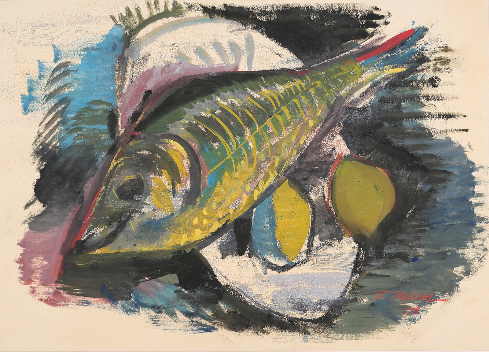 Stefan Praschl* (Vienna 1910 - 1994 Vienna): Stefan Praschl* (Vienna 1910 - 1994 Vienna) Still life with fish, 1951 gouache/paper 38 x 55,5 cm signed St. Praschl, dated 51 SCHÄTZPREIS / ESTIMATE °€ 150