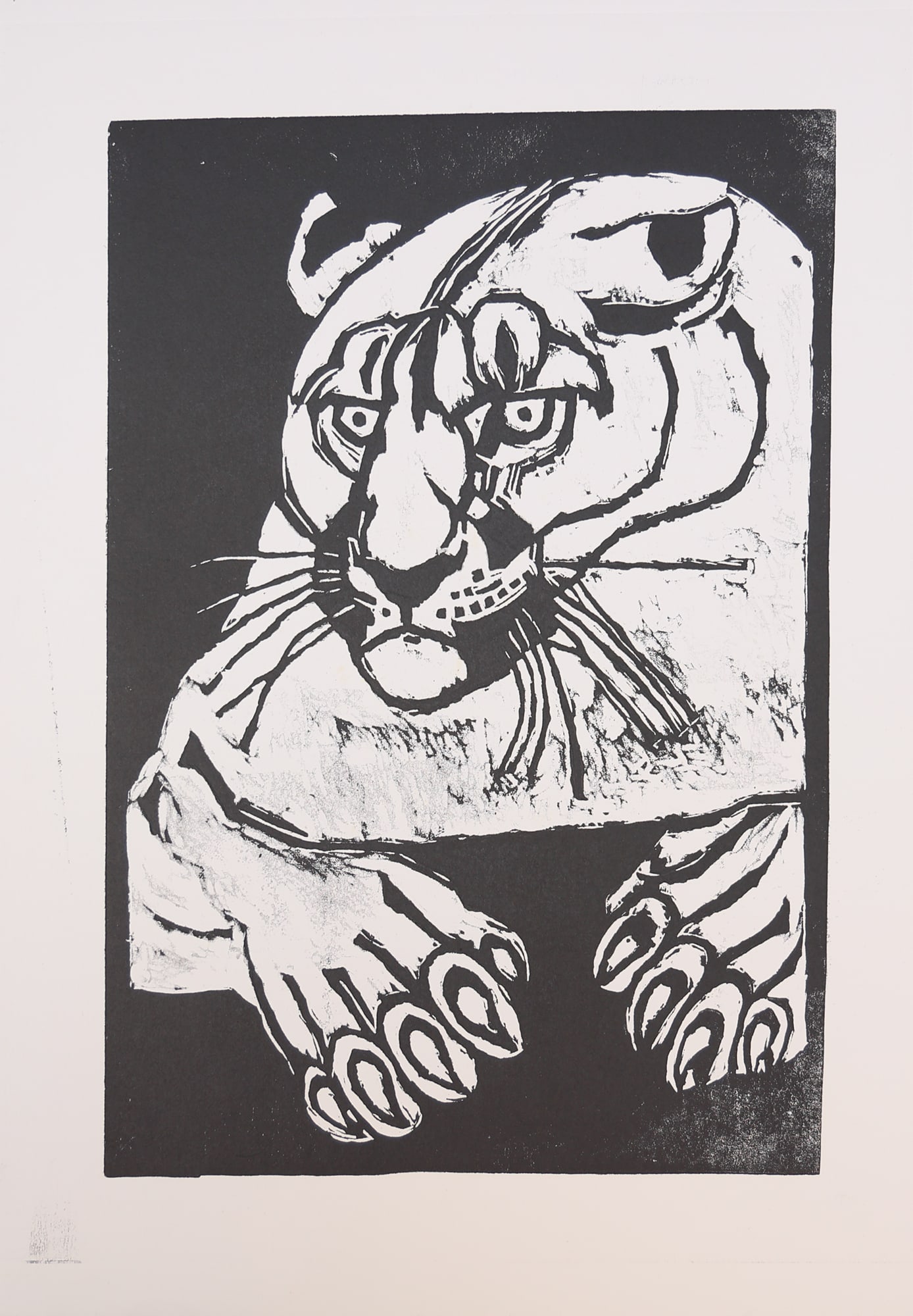 Stefan Praschl* (Vienna 1910 - 1994 Vienna): Stefan Praschl* (Vienna 1910 - 1994 Vienna) Lioness woodcut/paper 42,3 x 29,7 cm verso estate stamp SCHÄTZPREIS / ESTIMATE °€ 60 - 100 STARTPREIS / STAR