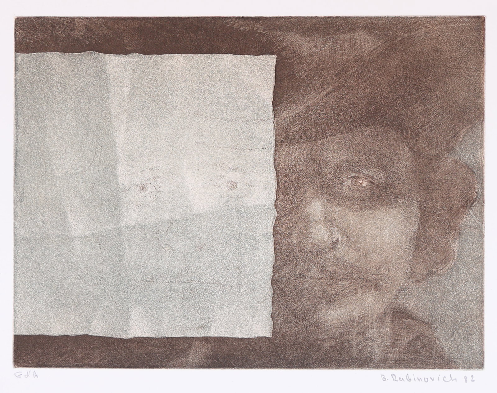 Boris Rabinovich* (St. Petersburg 1938 - 1988): Boris Rabinovich* (St. Petersburg 1938 - 1988) Homage to Rembrandt, 1982 etching/paper 23,2 x 31 cm signed B. Rabinovich, dated 82 inscribed E. d. A. SCHÄTZPREIS / ESTIMATE °€ 60 -