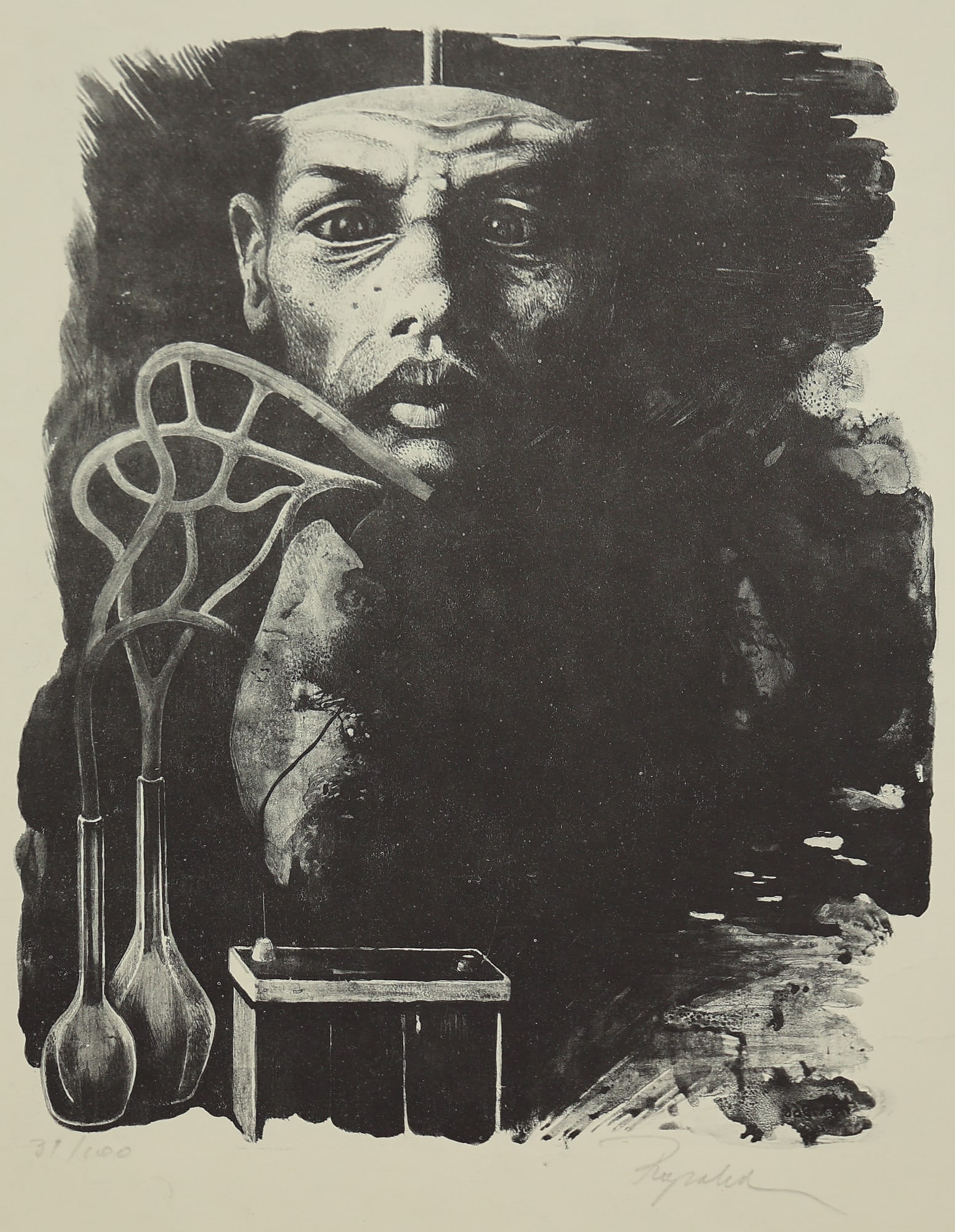Kurt Regschek* (Vienna 1923 - 2005 Vienna): Kurt Regschek* (Vienna 1923 - 2005 Vienna) Chemist lithograph/paper 43,7 x 36,7 cm signed Regeschek, numbered 31/100 SCHÄTZPREIS / ESTIMATE °€ 60 - 100