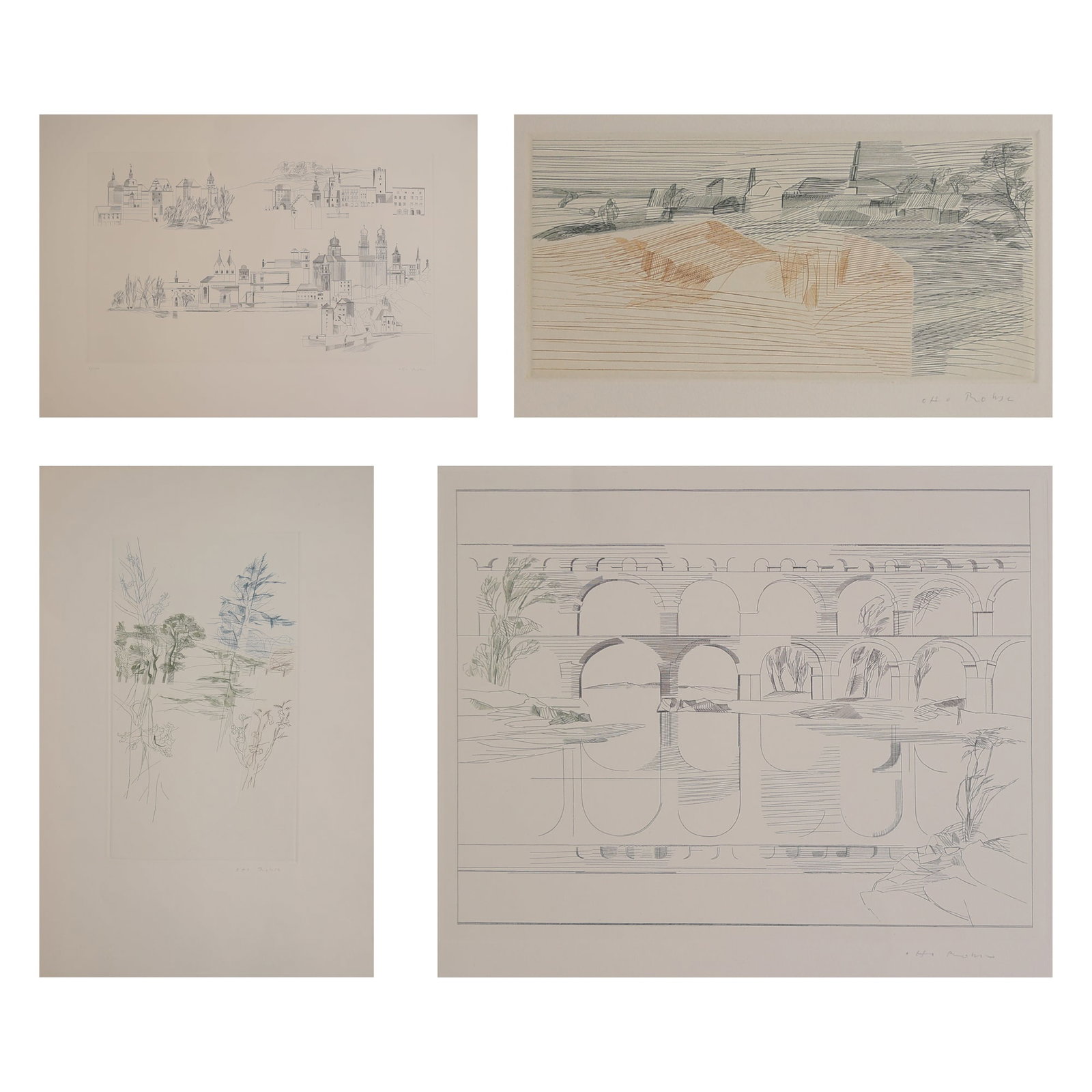 Otto Rohse* (Intersburg 1925 - 2016 Hamburg): Otto Rohse* (Intersburg 1925 - 2016 Hamburg) Bundle of 4 etchings 1| In front of the old brickworks (Oldenburg landscapes), 1967/68 etching/paper 12,5 x 25,5 cm signed Otto Rohse verso dated,