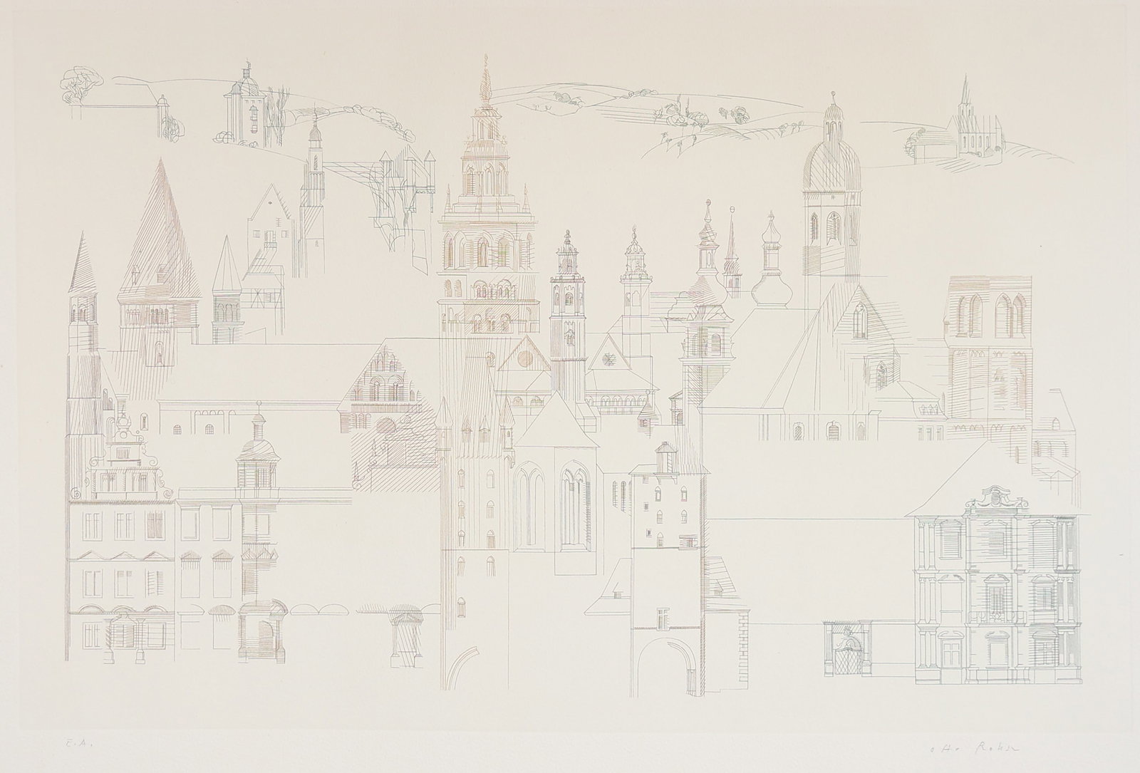 Otto Rohse* (Intersburg 1925 - 2016 Hamburg): Otto Rohse* (Intersburg 1925 - 2016 Hamburg) Mainz etching/paper 35 x 53,7 cm verso inscribed and numbered Mainz Nr. 7/95 SCHÄTZPREIS / ESTIMATE °€ 60 - 100 STARTPREIS / STARTING