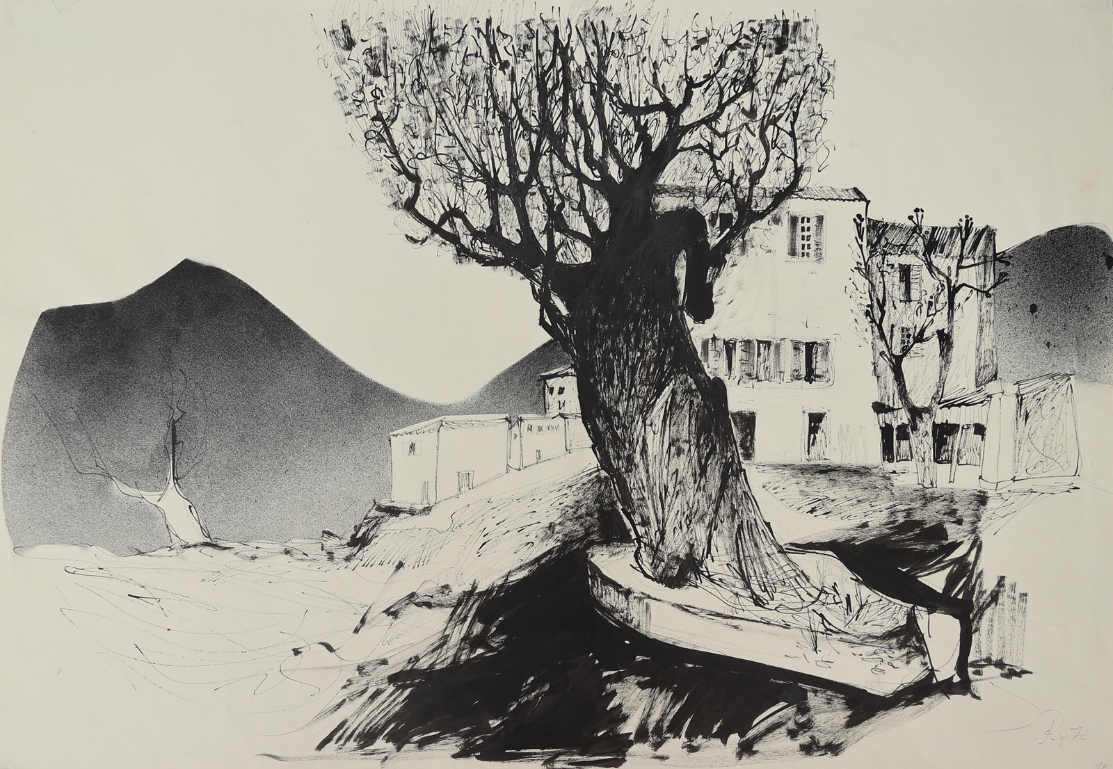 Walter E. Ryndziak (biographical data unknown): Walter E. Ryndziak (biographical data unknown) Motive in France, 1970 indian ink/paper 52,5 x 75,5 cm signed Ry, dated 70 SCHÄTZPREIS / ESTIMATE °€ 20 - 40 STARTPREIS / STARTING PRICE