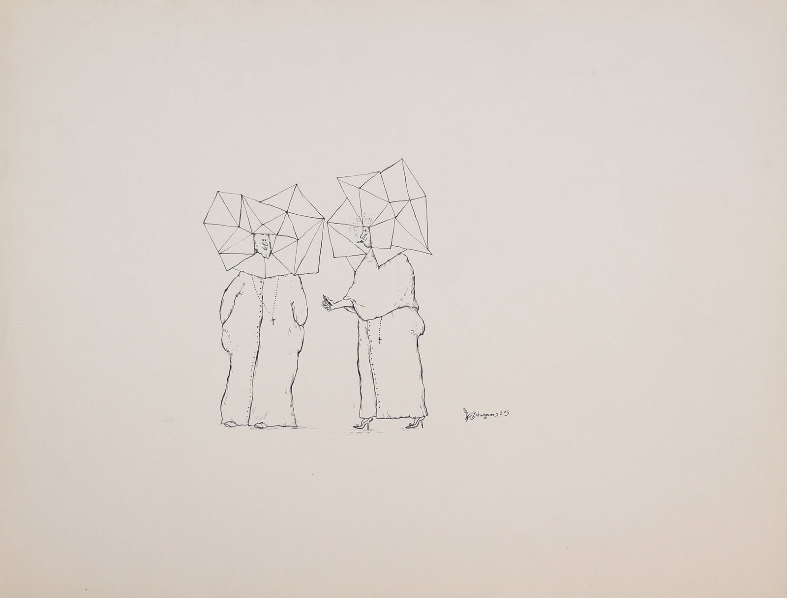 Walter Schmögner* (born 1943 in Vienna): Walter Schmögner* (born 1943 in Vienna) Monk and nun, 1965 indian ink/paper 30 x 39,3 cm signed W. Schmögner, dated 2.65 SCHÄTZPREIS / ESTIMATE °€