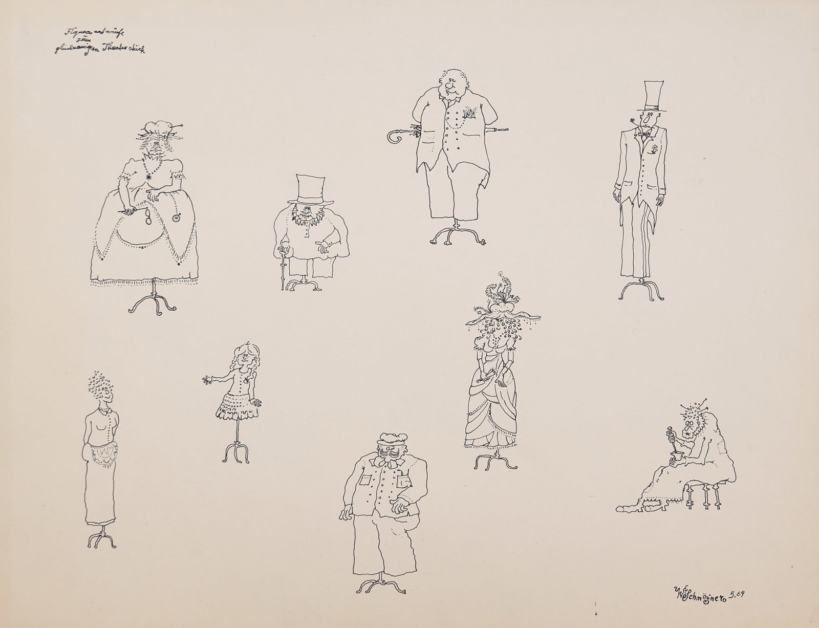 Walter Schmögner* (born 1943 in Vienna): Walter Schmögner* (born 1943 in Vienna) Study of figures, 1964 indian ink/paper 27 x 35 cm signed W. Schmögner, inscribed Figurenentwürfe zum gleichnamigen Theaterstuck