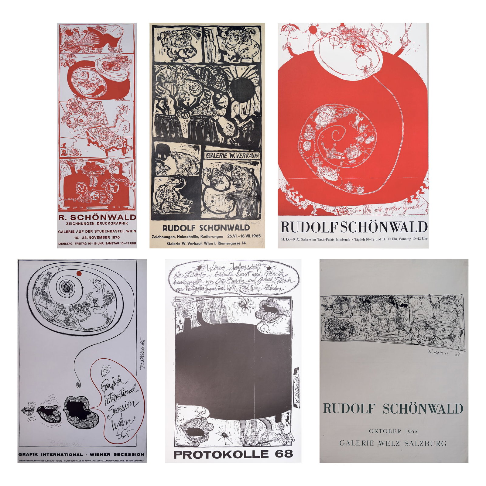 Rudolf Schönwald* (born 1928 in Hamburg): Rudolf Schönwald* (born 1928 in Hamburg) Bundle of 6 posters linocut/paper from 72 x 25 cm till 95 x 63 cm 4 of them signed R. Schönwald, from 1960s SCHÄTZPR