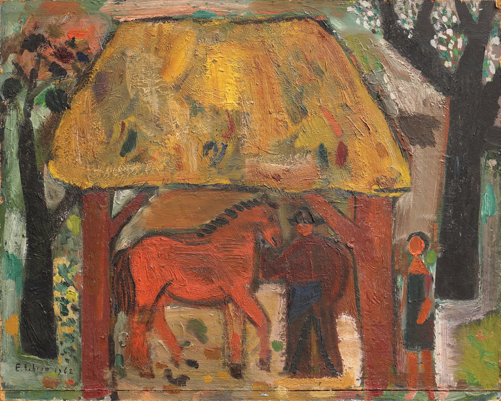 Ernst Schrom* (Vienna 1902 - 1969 Vienna): Ernst Schrom* (Vienna 1902 - 1969 Vienna) Farmer with a horse, 1962 oil/board 46 x 58 cm signed E. Schrom, dated 1962 verso inscribed Ernst Schrom: Bauer mit Pferd SCH&