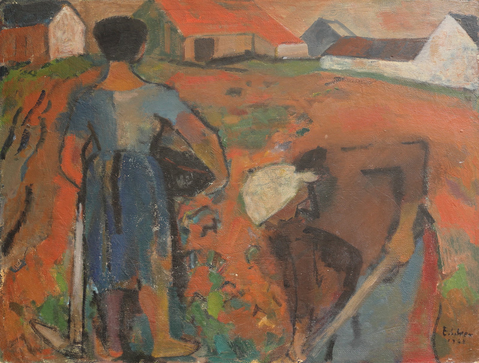 Ernst Schrom* (Vienna 1902 - 1969 Vienna): Ernst Schrom* (Vienna 1902 - 1969 Vienna) Two women on the acre, 1963 oil/board 60 x 80 cm signed E. Schrom, dated 1963 Inscribed: Ernst Schrom: Zwei Frauen auf dem Acker