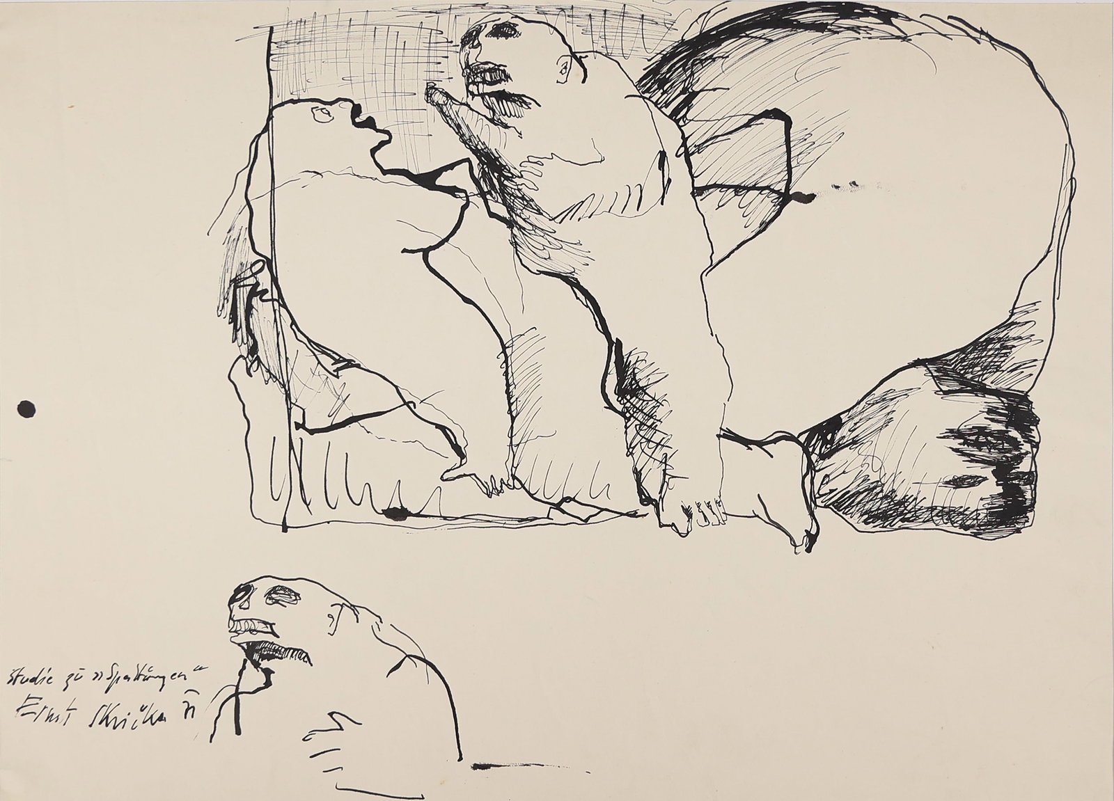 Ernst Skri?ka* (Vienna 1946 - 2020 Vienna): Ernst Skri?ka* (Vienna 1946 - 2020 Vienna) Study to a split, 1971 indian ink/paper 42 x 59,5 cm signed Ernst Skricka SCHÄTZPREIS / ESTIMATE °€ 150 - 300