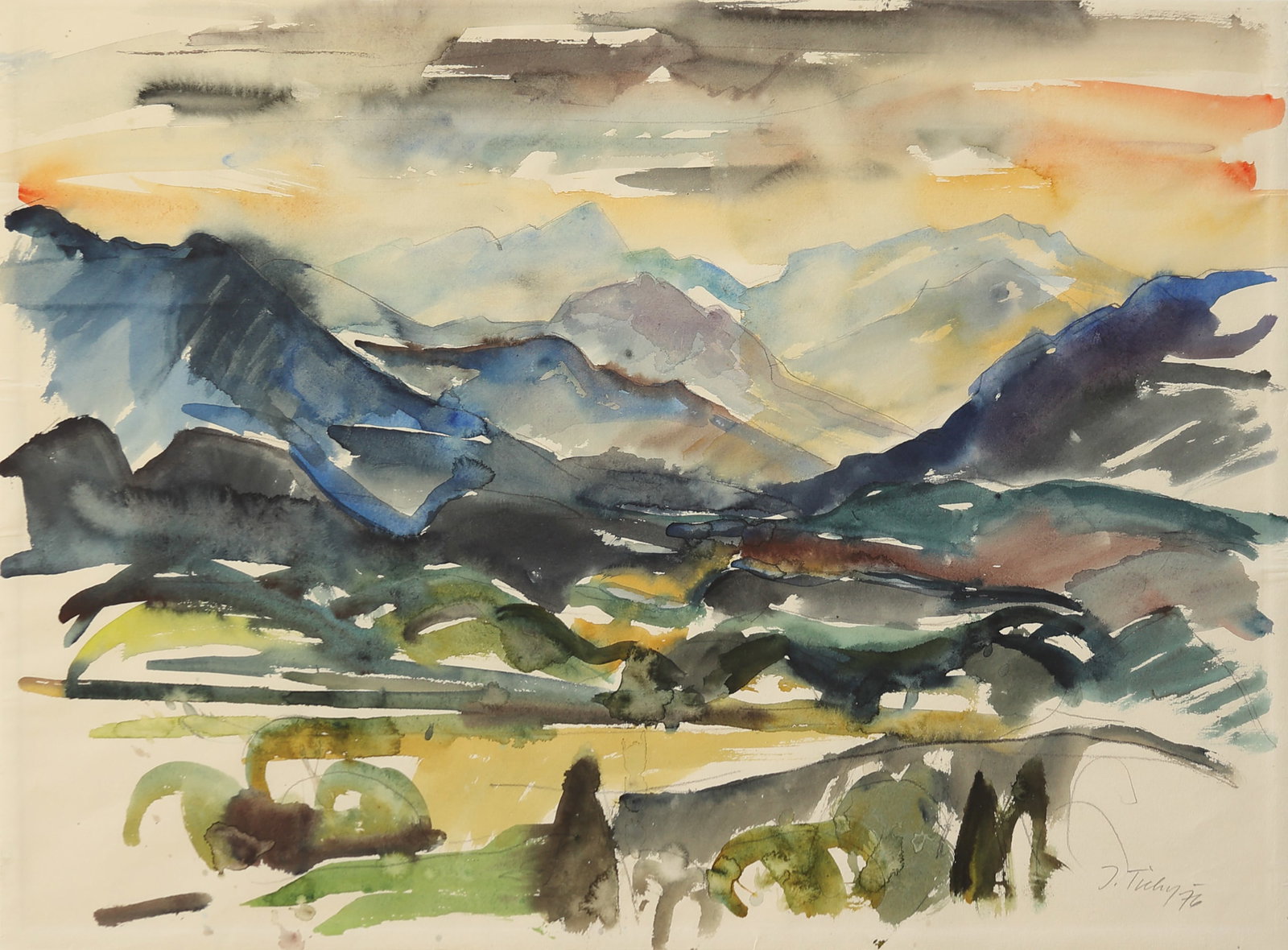 Josef Tichy* (Pörtschach am Wörther See 1922 - 2001 Pörtschach am Wörther See): Josef Tichy* (Pörtschach am Wörther See 1922 - 2001 Pörtschach am Wörther See) Landscape, 1976 watercolor/paper 47 x 60 cm signed J. Tichy, dated 76 SCHÄTZPREIS / ESTIMATE