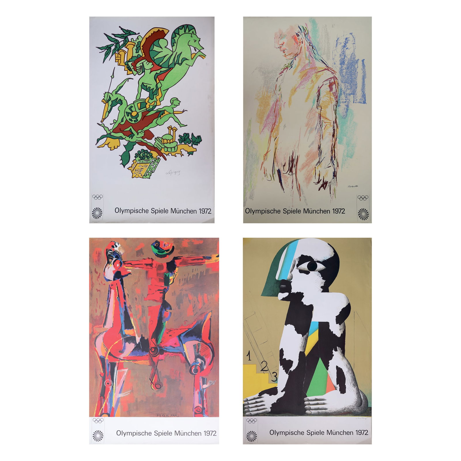 Unknown artist (Biographical data unknown): Unknown artist (Biographical data unknown) Bundle of 4 posteres for the Olympics in Munich 1972 lithograph/paper c. 90 x 60 cm SCHÄTZPREIS / ESTIMATE °€ 150 - 300 STARTPREIS /