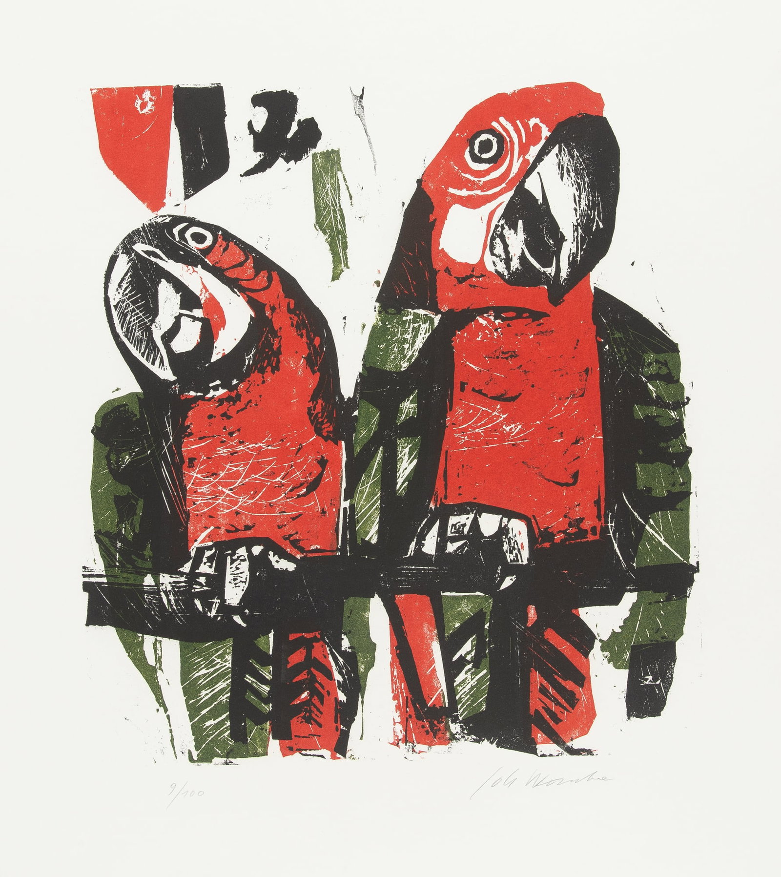 Johannes Wanke* (Vienna 1923 - 2005 Jennersdorf): Johannes Wanke* (Vienna 1923 - 2005 Jennersdorf) Parrots color woodcut/paper 76 x 53,5 cm signed Joh. Wanke, numbered 9/100 SCHÄTZPREIS / ESTIMATE °€ 200 -