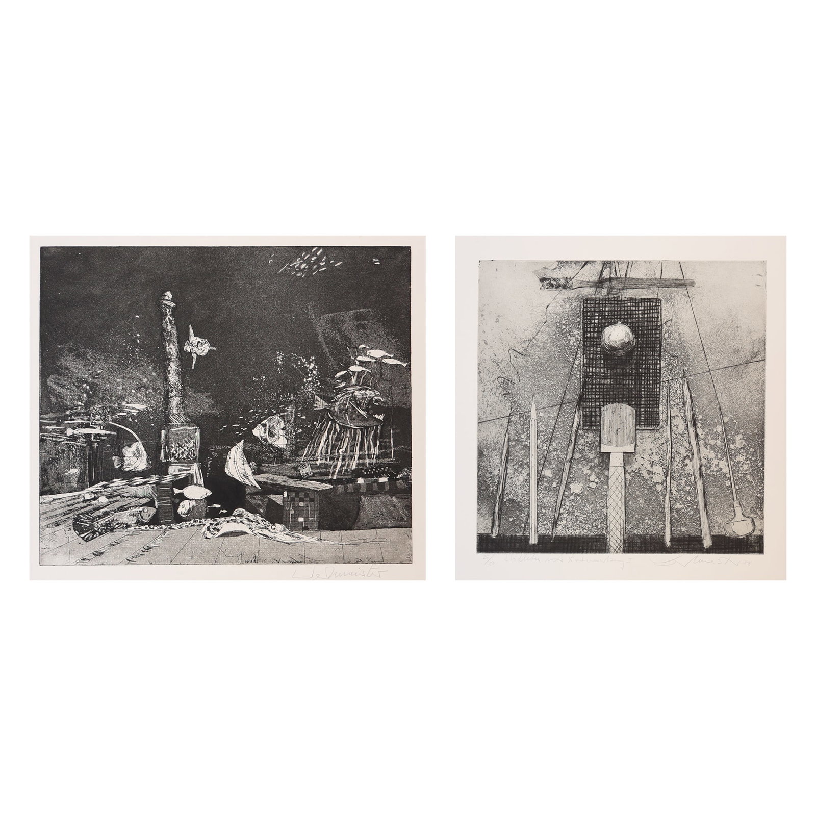 Wolfgang Werkmeister* (born 1941 in Berlin): Wolfgang Werkmeister* (born 1941 in Berlin) Bundle of 2 etchings 1| Still life with etching tools, 1978 etching/paper 33 x 33 cm signed Werkmeister, dated 78 2| Under the sea, 1977 e