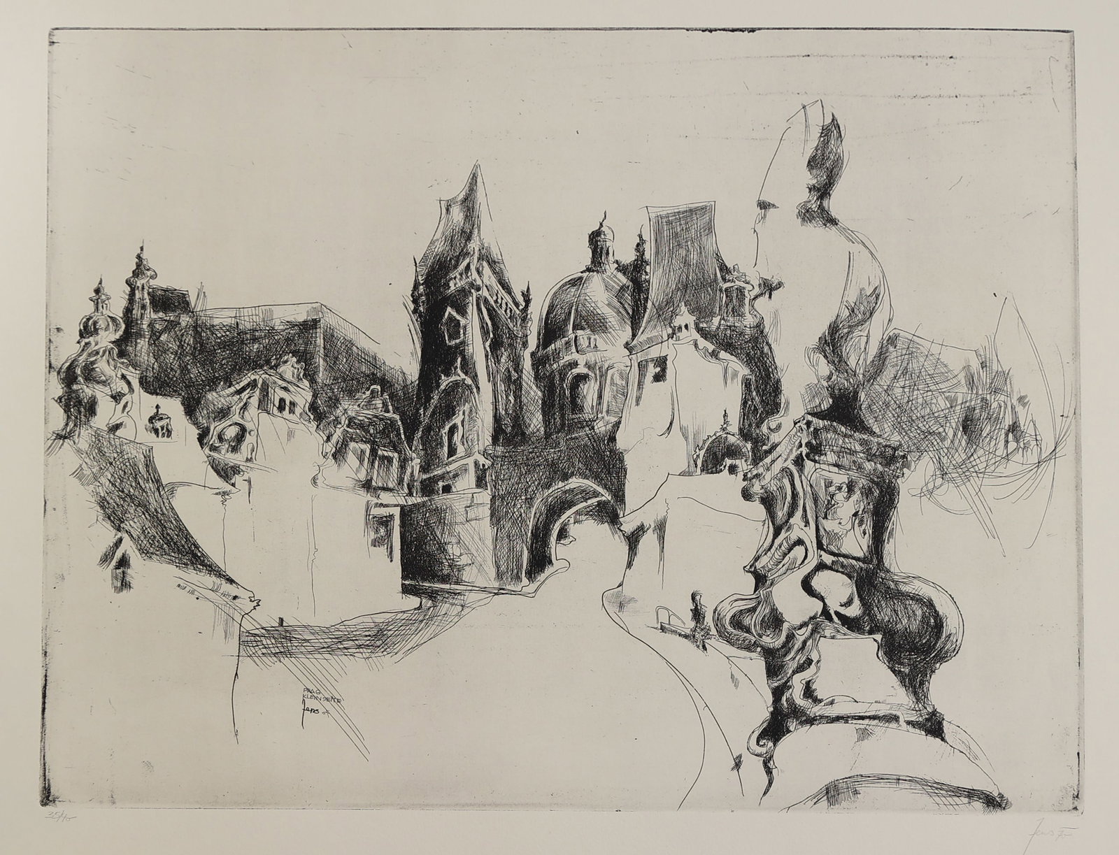 Herwig Zens* (Himberg 1943 - 2019 Vienna): Herwig Zens* (Himberg 1943 - 2019 Vienna) Prague, 1970 etching/paper 40 x 48,5 cm signed Zens, dated 70 numbered 35/40 signed, dated and inscribed in the plate Prag kleine Seite, Zens 07 liste