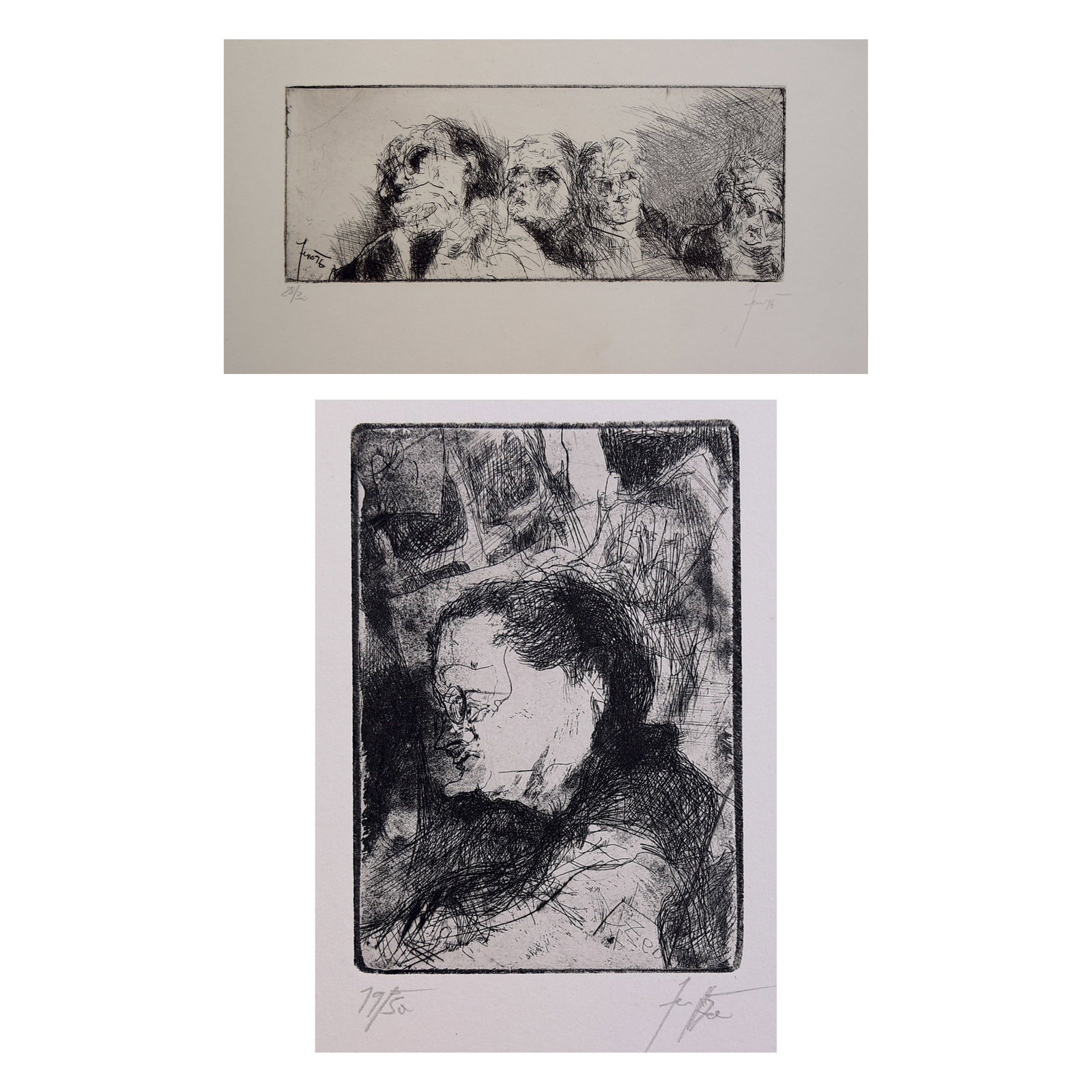 Herwig Zens* (Himberg 1943 - 2019 Vienna): Herwig Zens* (Himberg 1943 - 2019 Vienna) Bundle of 2 etchings 1| Heads, selfportrait, 1976 etching/paper 6,2 x 19 cm signed Zens, dated 76 numbered 28/30 signed and dated in the plate Ze