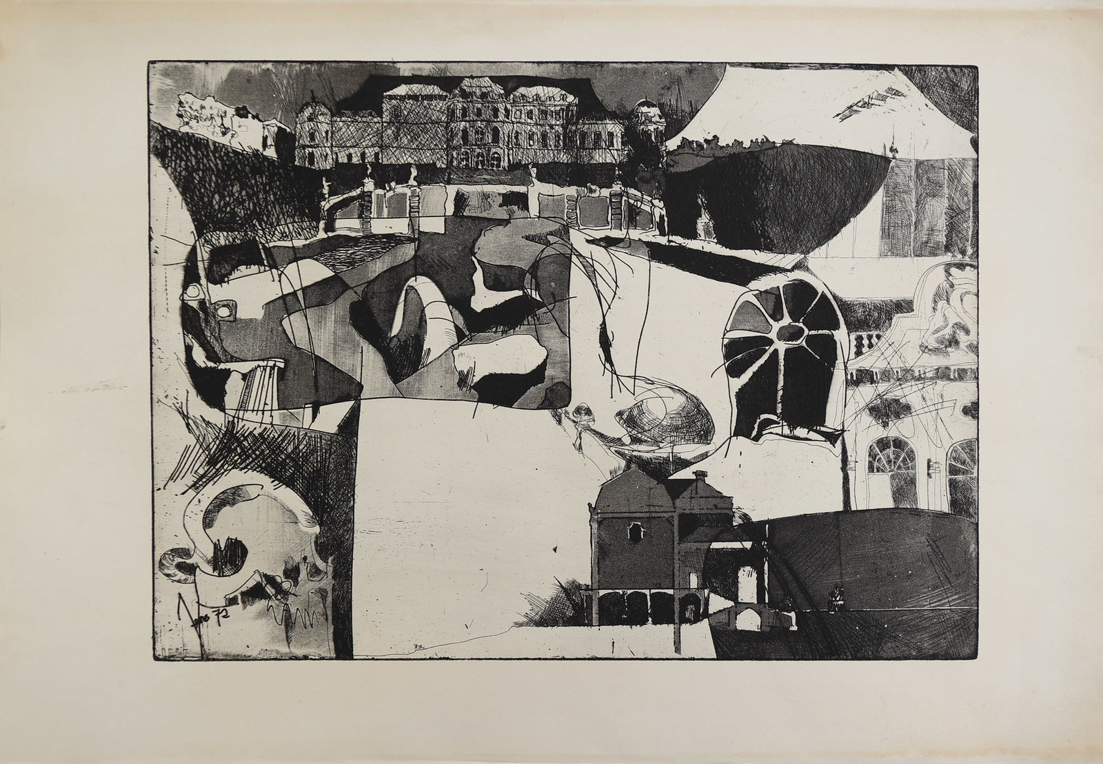 Herwig Zens* (Himberg 1943 - 2019 Vienna): Herwig Zens* (Himberg 1943 - 2019 Vienna) Belvedere, 1972 etching/paper 29,6 x 39,7 cm signed and dated in the plate Zens 72 listed in catalogue raisonné Herwig Zens, 2007, nr. 137 <