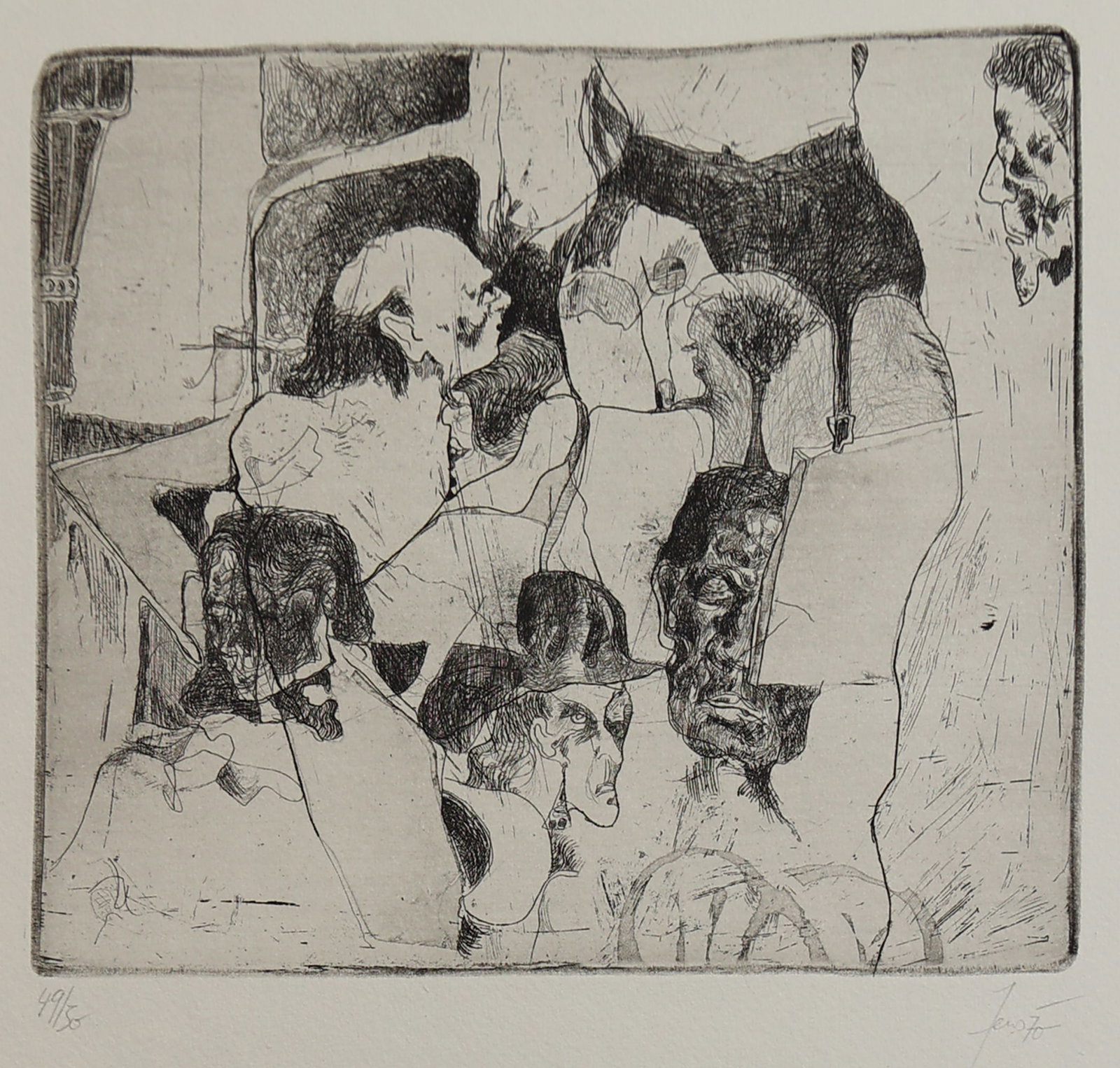 Herwig Zens* (Himberg 1943 - 2019 Vienna): Herwig Zens* (Himberg 1943 - 2019 Vienna) Concert lounge, 1970 etching/paper 16,9 x 19,7 cm signed Zens, dated 70 numbered 49/50 listed in catalogue raisonné Herwig Zens, 2007, Nr. 62