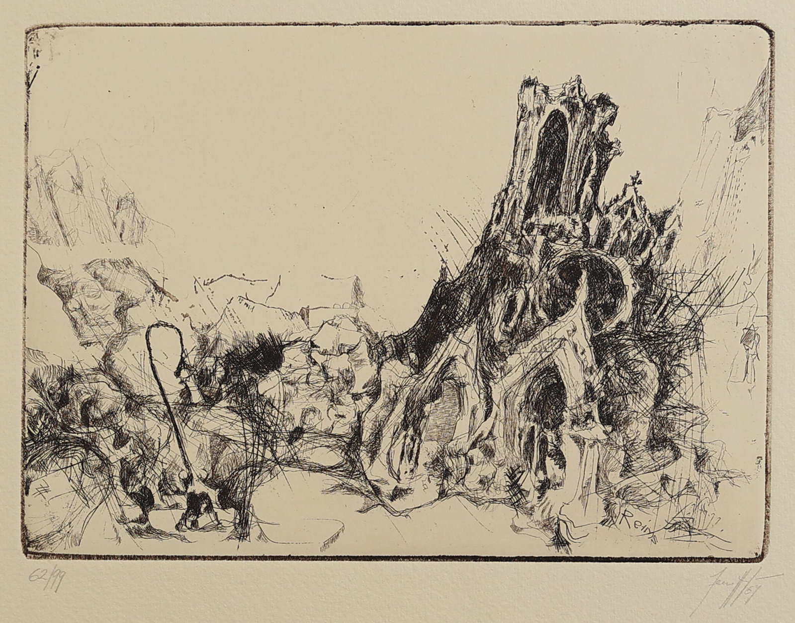 Herwig Zens* (Himberg 1943 - 2019 Vienna): Herwig Zens* (Himberg 1943 - 2019 Vienna) Reins, 1964 etching/paper 14,9 x 20,6 cm signed Zens H, dated 64 numbered 62/99 listed in catalogue raisonné Herwig Zens, 2007, nr. 42 <