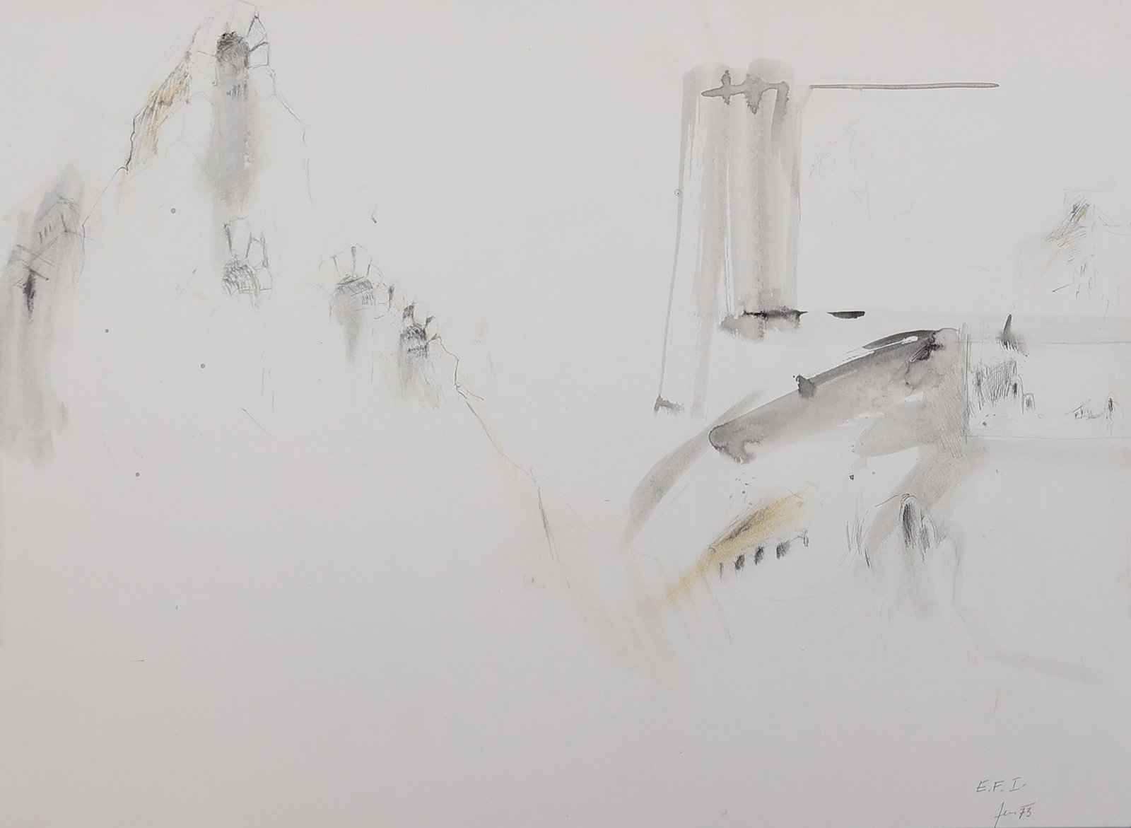 Herwig Zens* (Himberg 1943 - 2019 Vienna): Herwig Zens* (Himberg 1943 - 2019 Vienna) View, 1973 watercolor and ink/paper 36 x 47,5 cm signed Zens, dated 73 inscribed E.F.I SCHÄTZPREIS / ESTIMATE °̈́