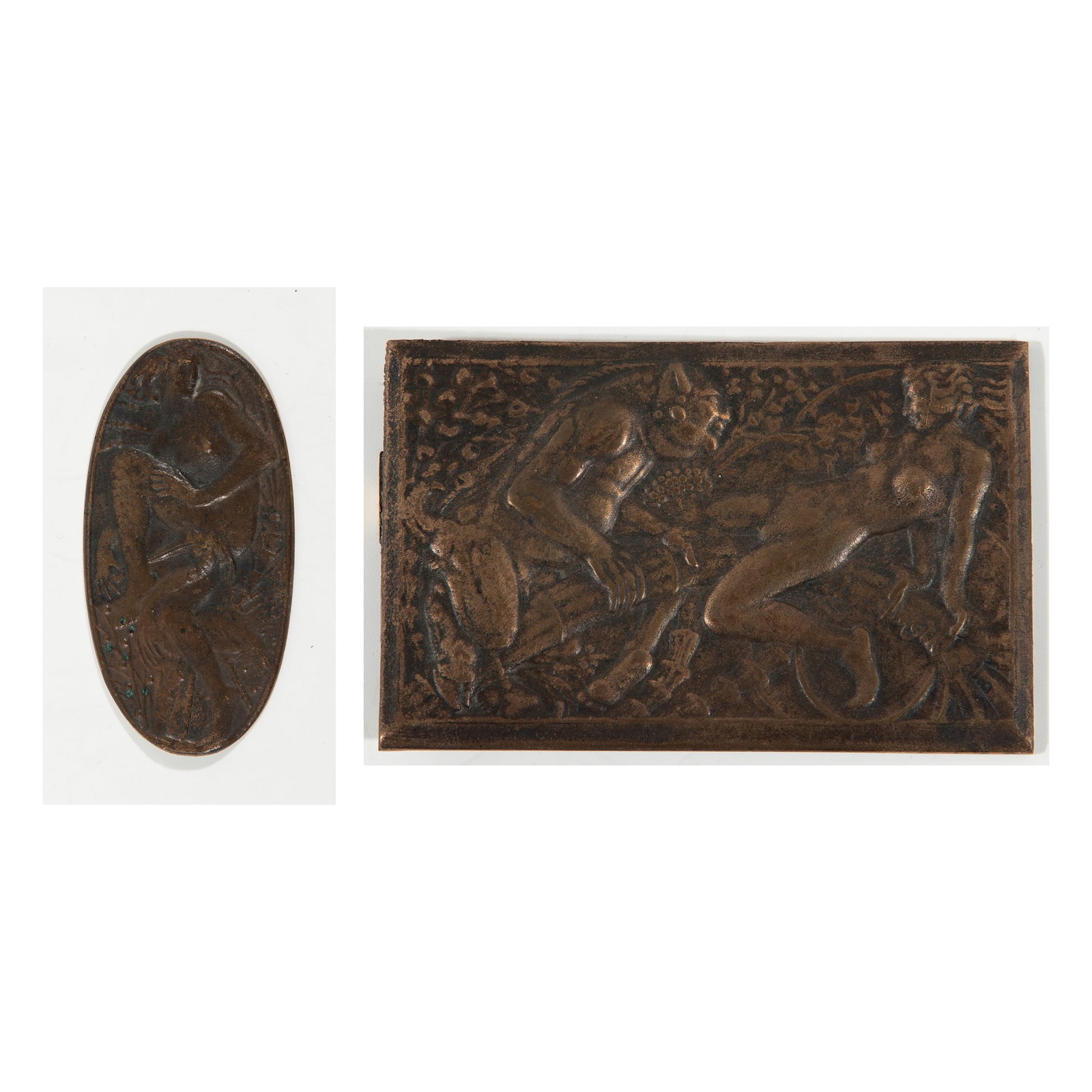 Wilhelm Hejda (Vienna 1868 - 1942 Vienna): Wilhelm Hejda (Vienna 1868 - 1942 Vienna) Bundle of 2 bronzes 1| Female nude bronze 8 x 2,5 cm signed Hejda 2| Wooing Satyr bronze 5,5 x 8,5 cm signed W Hejda