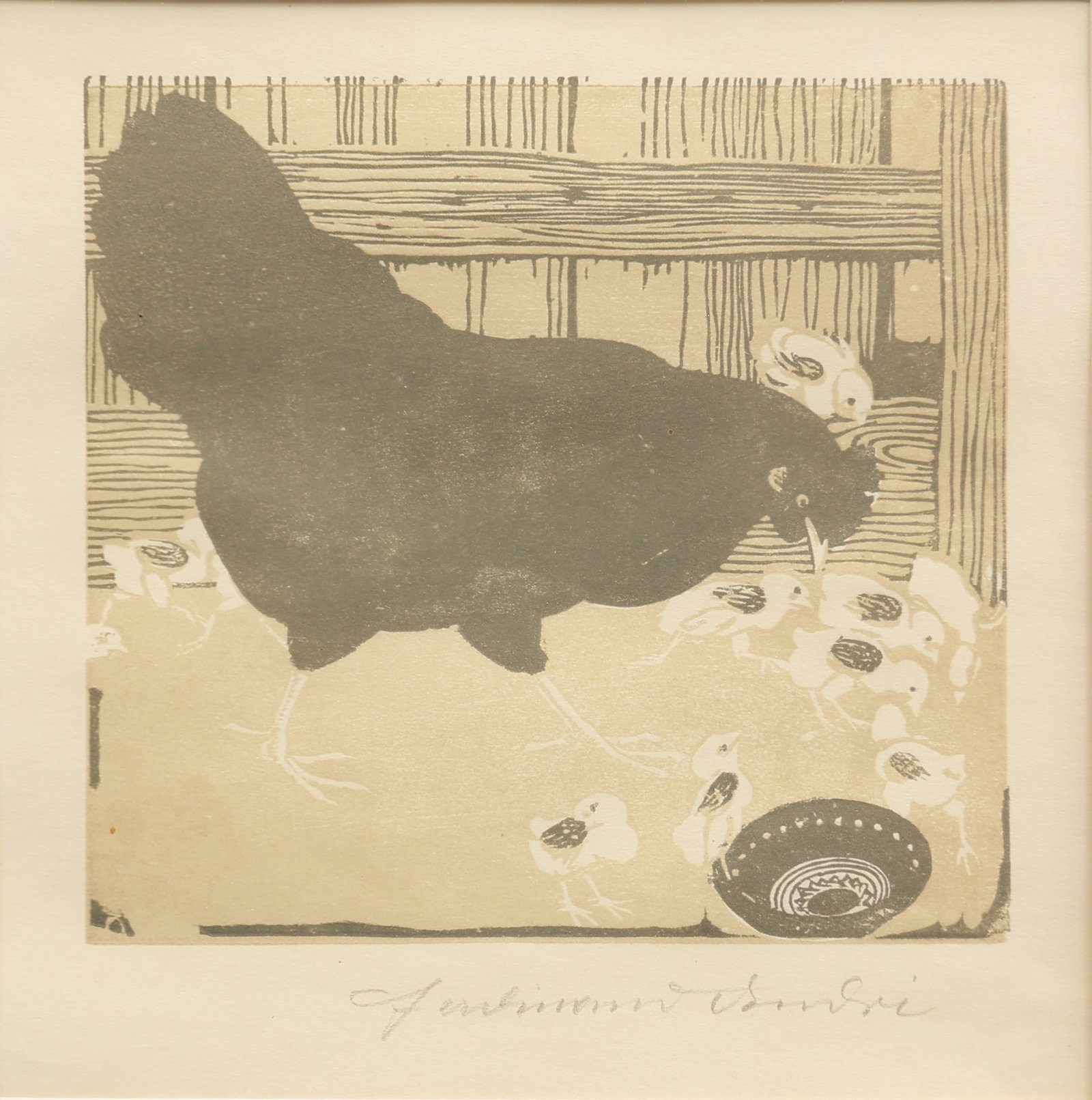 Ferdinand Andri* (Waidhofen an der Ybbs 1871 - 1956 Vienna): Ferdinand Andri* (Waidhofen an der Ybbs 1871 - 1956 Vienna) Hen with Chicks color woodcut/paper 20 x 20 cm signed Ferdinand Andri SCHÄTZPREIS / ESTIMATE € 150 -