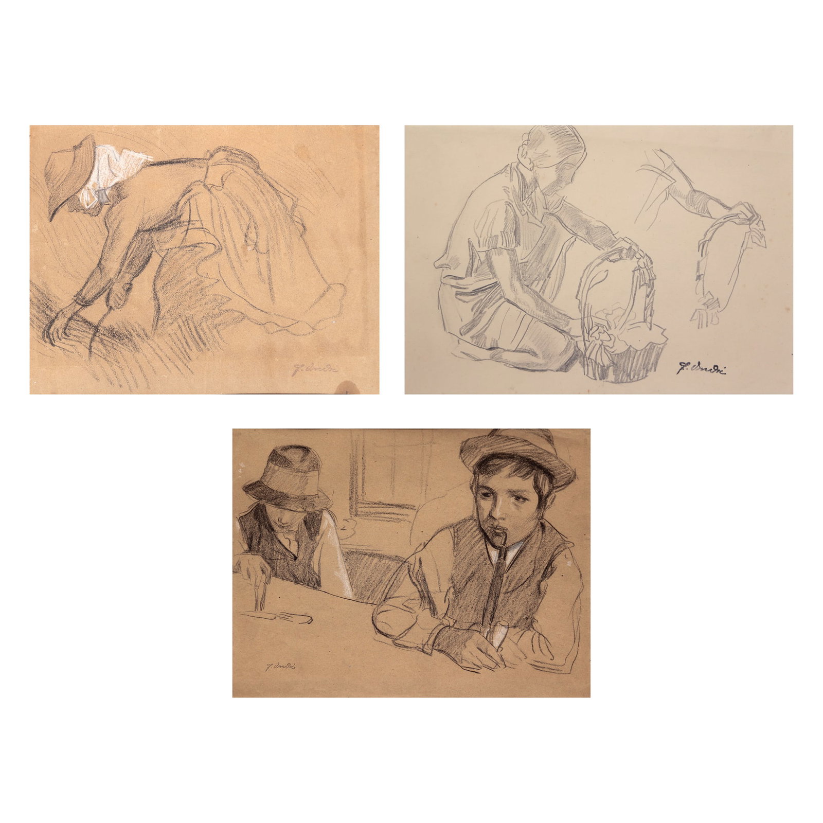 Ferdinand Andri* (Waidhofen an der Ybbs 1871 - 1956 Vienna): Ferdinand Andri* (Waidhofen an der Ybbs 1871 - 1956 Vienna) Bundle of 3 drawings 1| Farmer charcoal/paper 21,7 x 25,2 cm signed F. Andri verso horse sketch 2| Feast of Corpus Christi