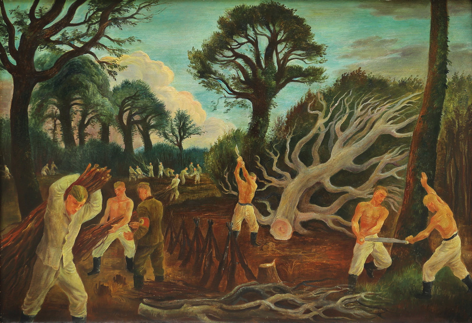 Alfred Birkle* (Berlin 1900 - 1986 Salzburg): Albert Birkle* (Berlin 1900 - 1986 Salzburg) Workers in the forest oil/cardboard 69,5 x 99,5 cm SCHÄTZPREIS / ESTIMATE € 4000 - 8000 STARTPREIS / STARTING PRICE