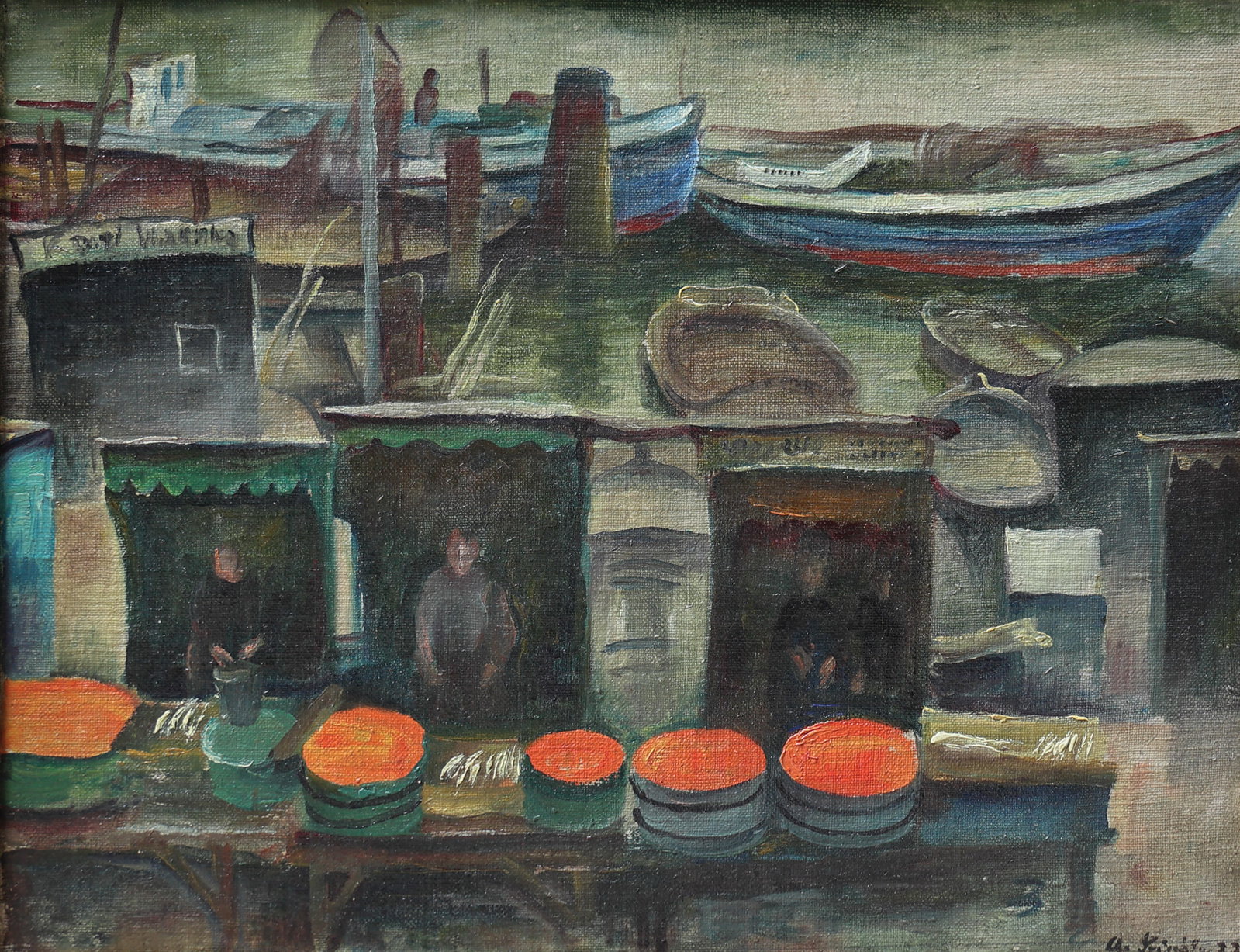 albert Birkle* (Berlin 1900 - 1986 Salzburg): Albert Birkle* (Berlin 1900 - 1986 Salzburg) Harbour vendors, 1923 oil/wood 36,5 x 46,5 cm signed A. Birkle, dated 23 SCHÄTZPREIS / ESTIMATE € 7000 - 12000 STARTPREIS / STARTING PRICE