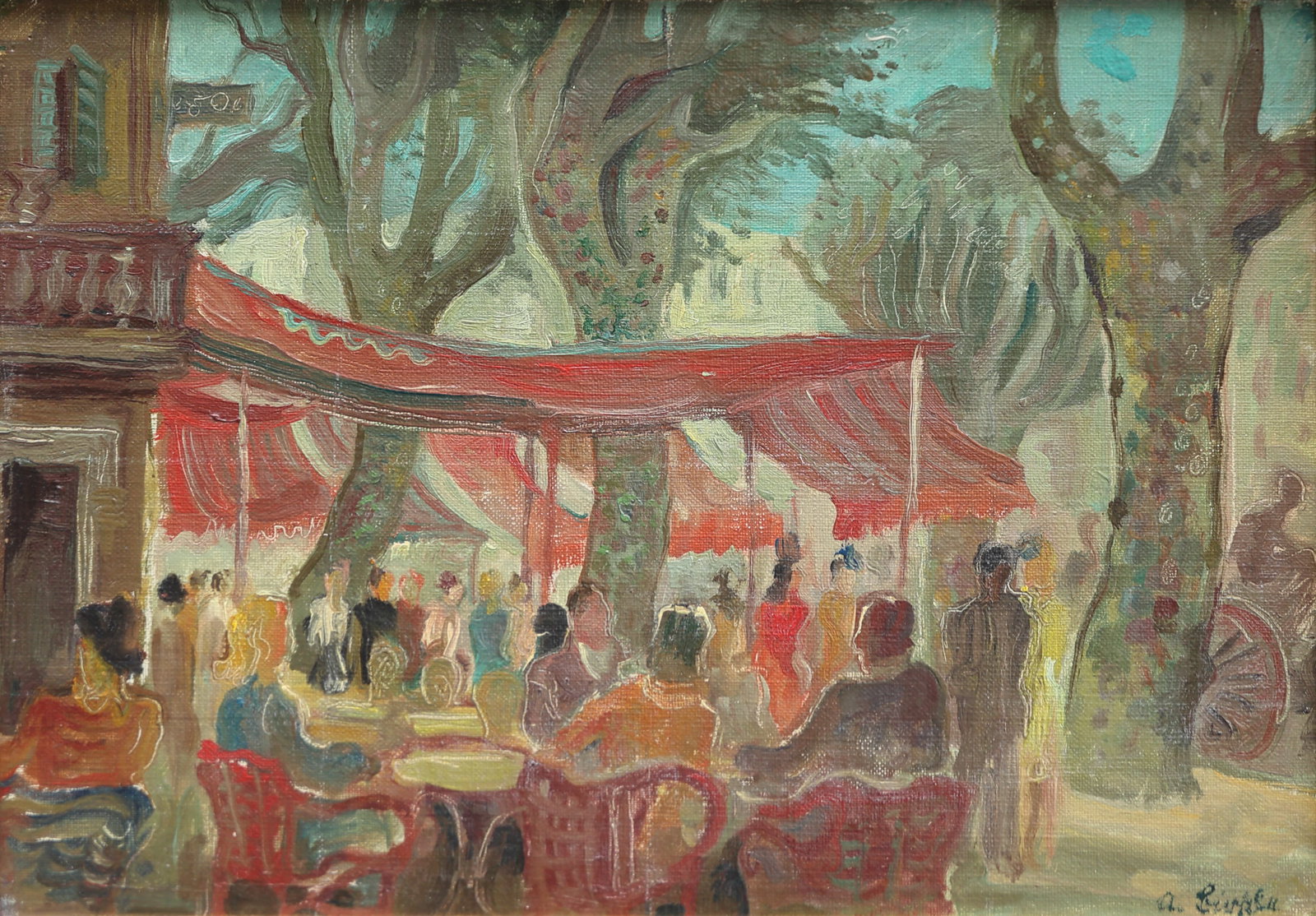 albert Birkle* (Berlin 1900 - 1986 Salzburg): Albert Birkle* (Berlin 1900 - 1986 Salzburg) Café in Arles, around 1960 oil/painting cardboard 27 x 36 cm signed A. Birkle depicted in Ausstellungskatalog Albert Birkle, Salzburg 1980, Abb. 57