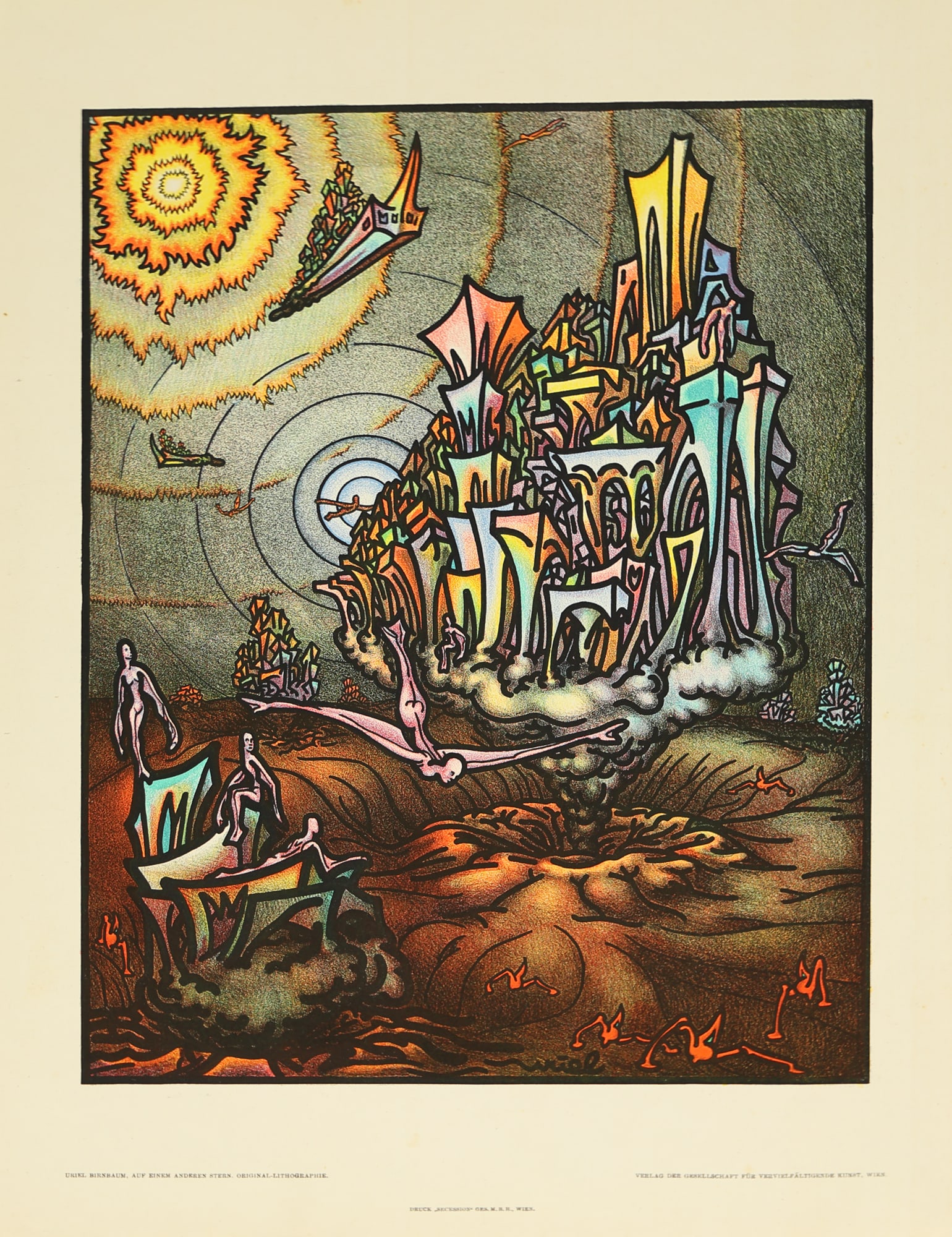 Uriel Birnbaum* (Vienna 1894 - 1956 Amersfoort): Uriel Birnbaum* (Vienna 1894 - 1956 Amersfoort) On another planet color lithograph/paper 40 x 29,2 cm signed in the plate Uriel SCHÄTZPREIS / ESTIMATE °€ 80