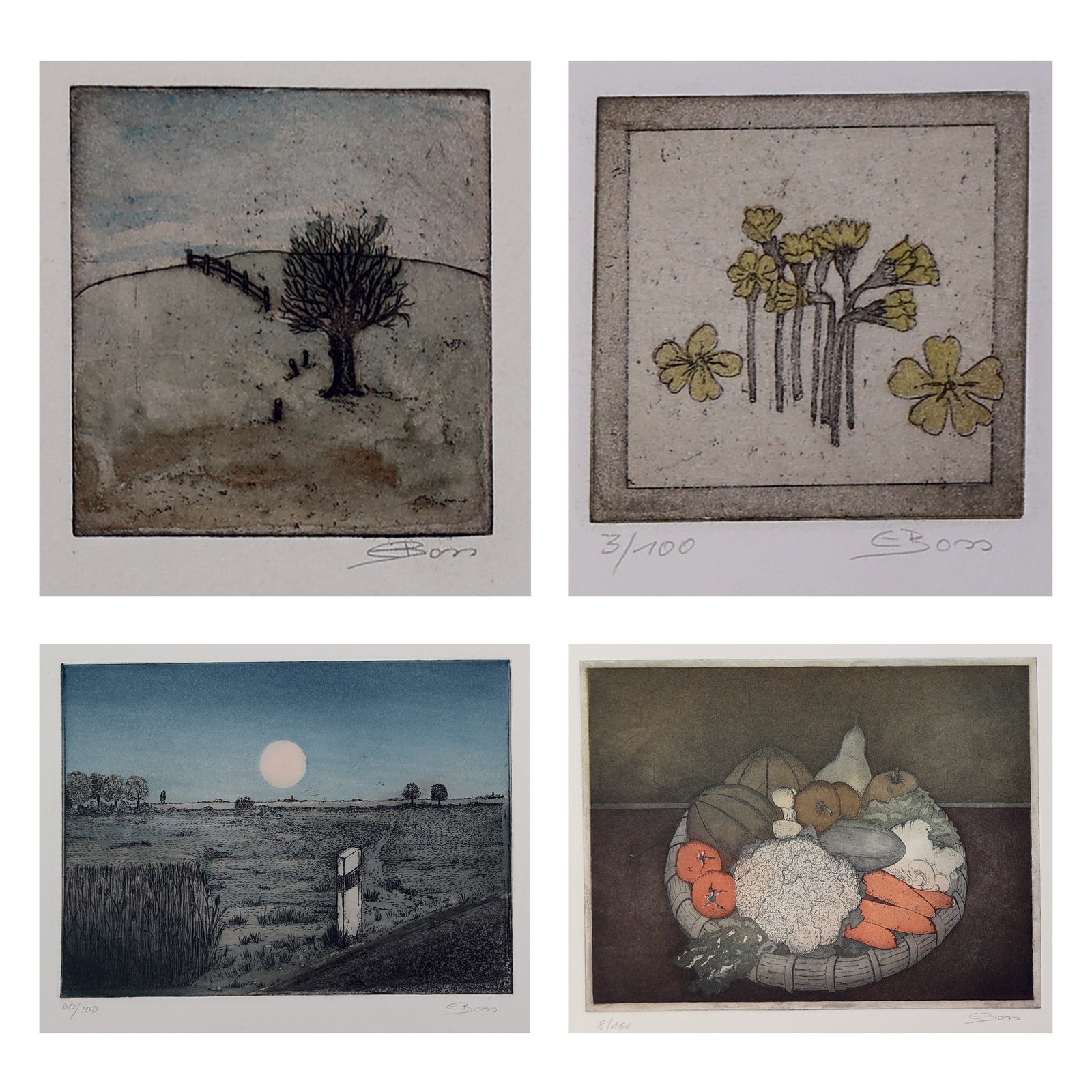 Eduard Boss* (Muri near Bern 1873 - 1958 Bern): Eduard Boss* (Muri near Bern 1873 - 1958 Bern) Bundle of 4 etchings 1| Still life with vegetables etching/paper 15 x 20 cm signed E Boss, numbered 8/100 2| Landscape etching/paper 14