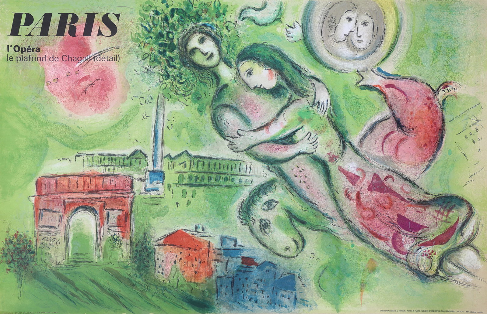 Marc Chagall* (Peskowatik bei Witebsk 1887 - 1985 Saint-Paul-de-Vence): Marc Chagall* (Peskowatik bei Witebsk 1887 - 1985 Saint-Paul-de-Vence) Detail from ceiling painting of the Opéra Garnier, Paris offsetlithograph/paper 63,5 x 99 cm SCH