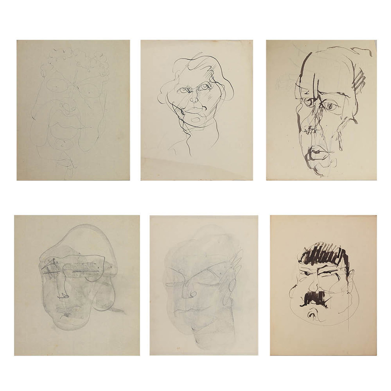 Siegfried Charoux* (Vienna 1896 - 1967 London): Siegfried Charoux* (Vienna 1896 - 1967 London) Bundle of 6 drawings 1| Female portrait pen/paper 25,4 x 20,3 cm 2| Face of a man indian ink/paper 25,6 x 20,4 cm verso ink drawing of sitting figure 3|