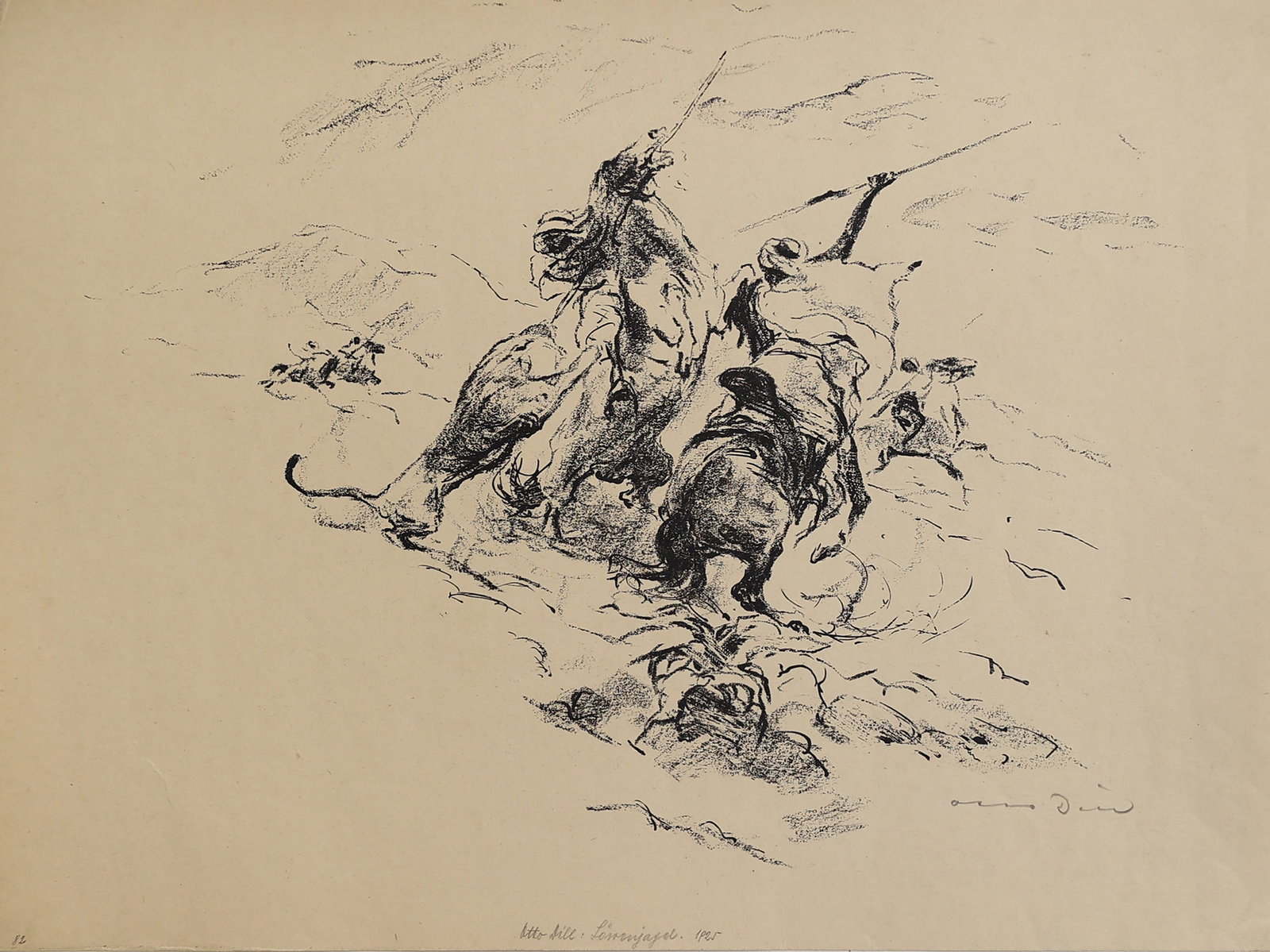 Otto Dill* (Neustadt an der Weinstraße 1884 - 1957 Bad Dürkheim): Otto Dill* (Neustadt an der Weinstraße 1884 - 1957 Bad Dürkheim) Lion hunters, 1925 lithograph/paper 30 x 40 cm signed Otto Dix, inscribed Otto Dix: Löwenjäger 1925