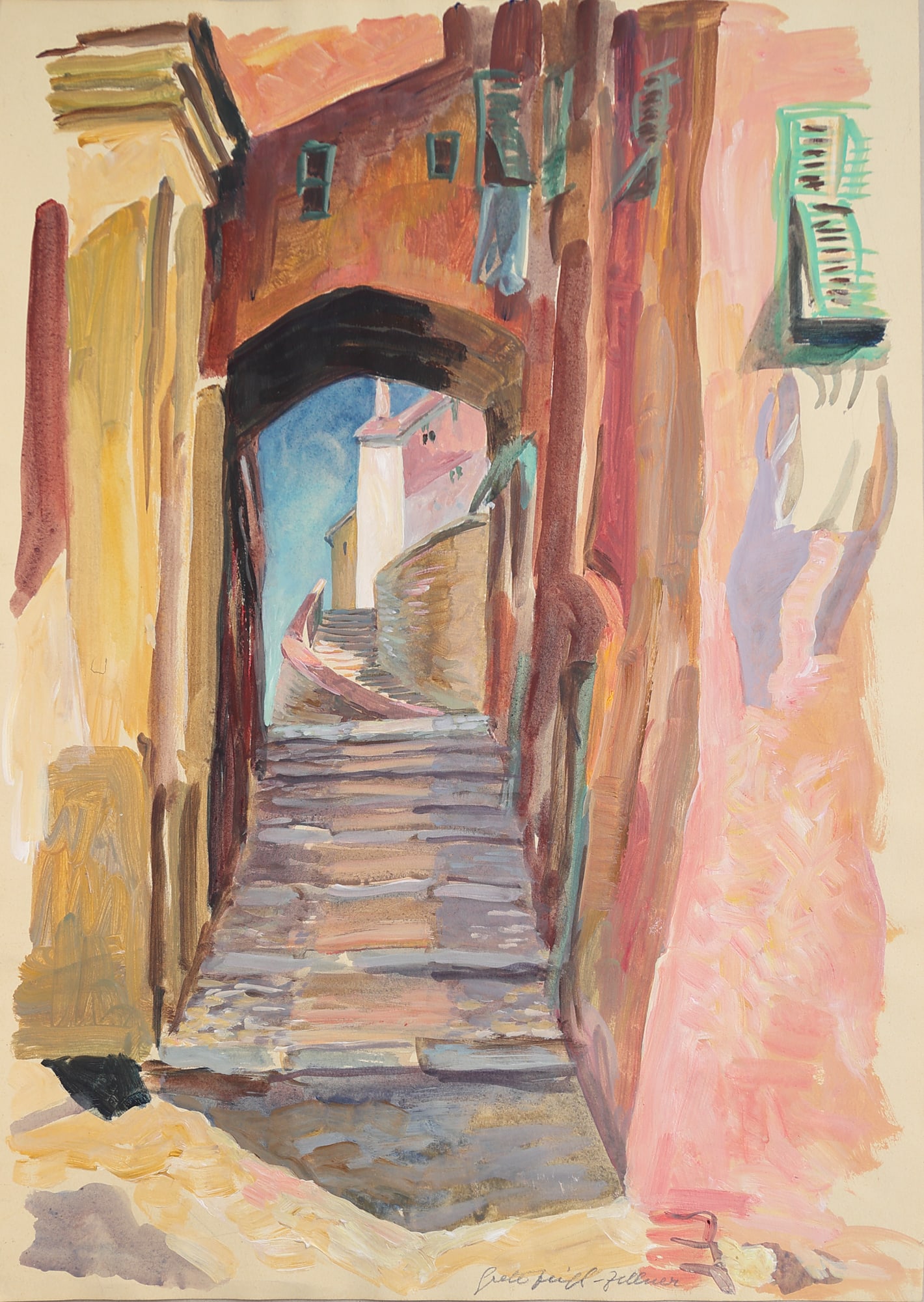 Margarete Johanna Feigl-Zellner* (Gmunden 1900 - 1994 unknown): Margarete Johanna Feigl-Zellner* (Gmunden 1900 - 1994 unknown) Stairs gouache and watercolor/paper 44 x 62,5 cm signed Grete Feigl-Zellner SCHÄTZPREIS / ESTIMATE °