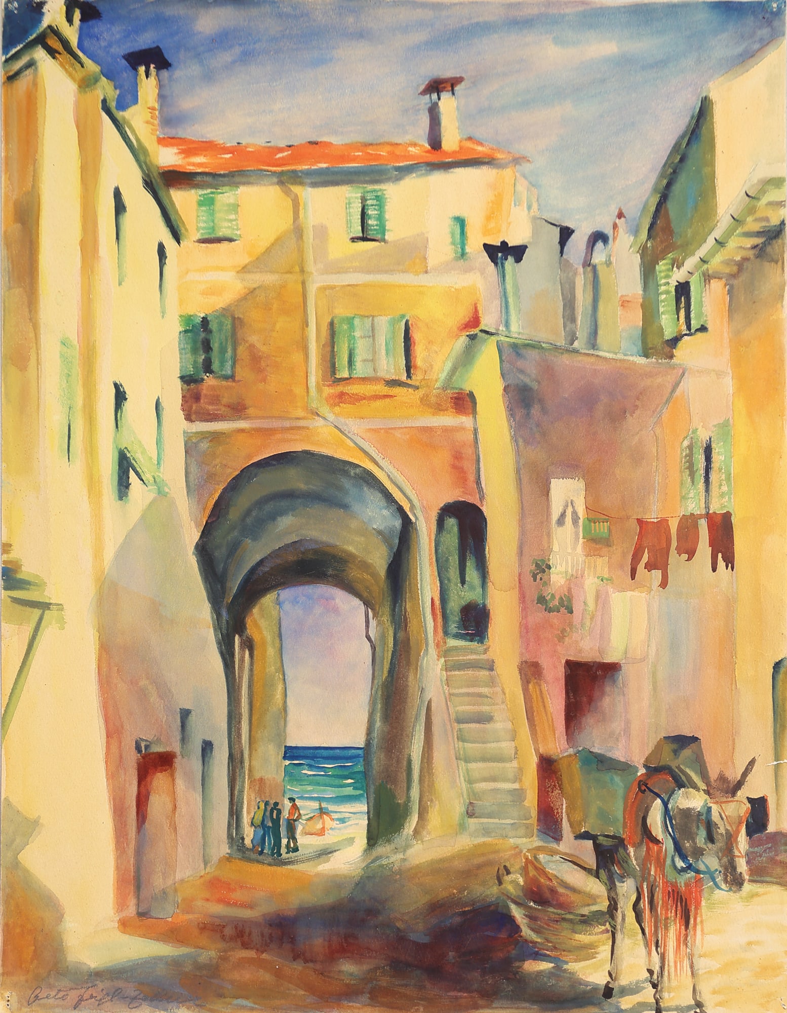 Margarete Johanna Feigl-Zellner* (Gmunden 1900 - 1994 unknown): Margarete Johanna Feigl-Zellner* (Gmunden 1900 - 1994 unknown) Southern village watercolor/paper 62,5 x 44 cm signed Grete Feigl-Zellner SCHÄTZPREIS / ESTIMATE °&