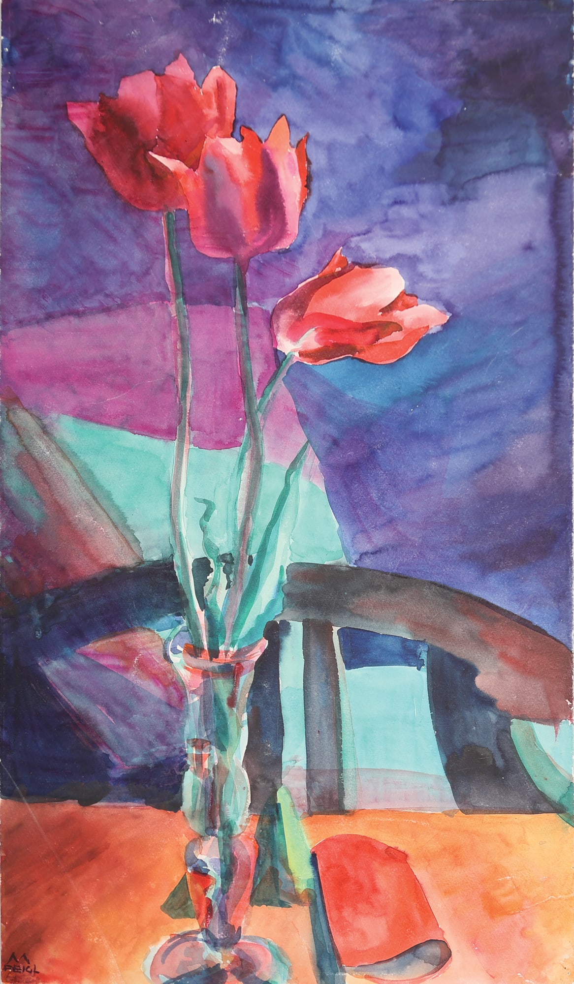 Margarete Johanna Feigl-Zellner* (Gmunden 1900 - 1994 unknown): Margarete Johanna Feigl-Zellner* (Gmunden 1900 - 1994 unknown) Tulips watercolor/paper 60 x 35 cm signed M Feigl SCHÄTZPREIS / ESTIMATE °€ 100 - 200 STA