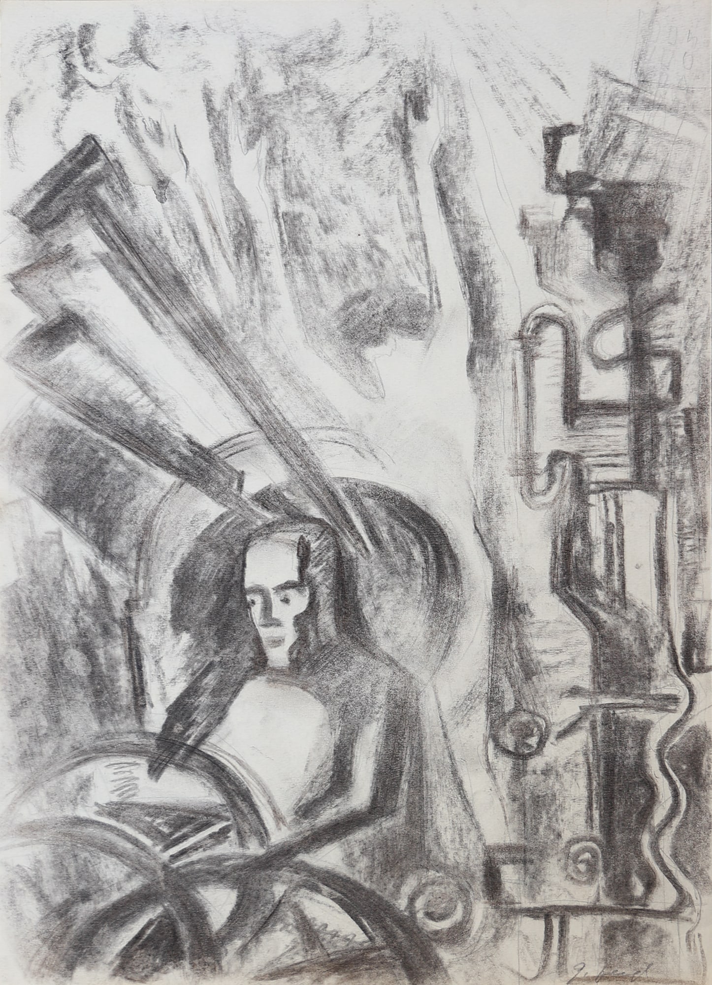 Margarete Johanna Feigl-Zellner* (Gmunden 1900 - 1994 unknown): Margarete Johanna Feigl-Zellner* (Gmunden 1900 - 1994 unknown) Locomotive driver charcoal/paper 48,8 x 30,3 cm signed G. Feigl SCHÄTZPREIS / ESTIMATE °€ 250