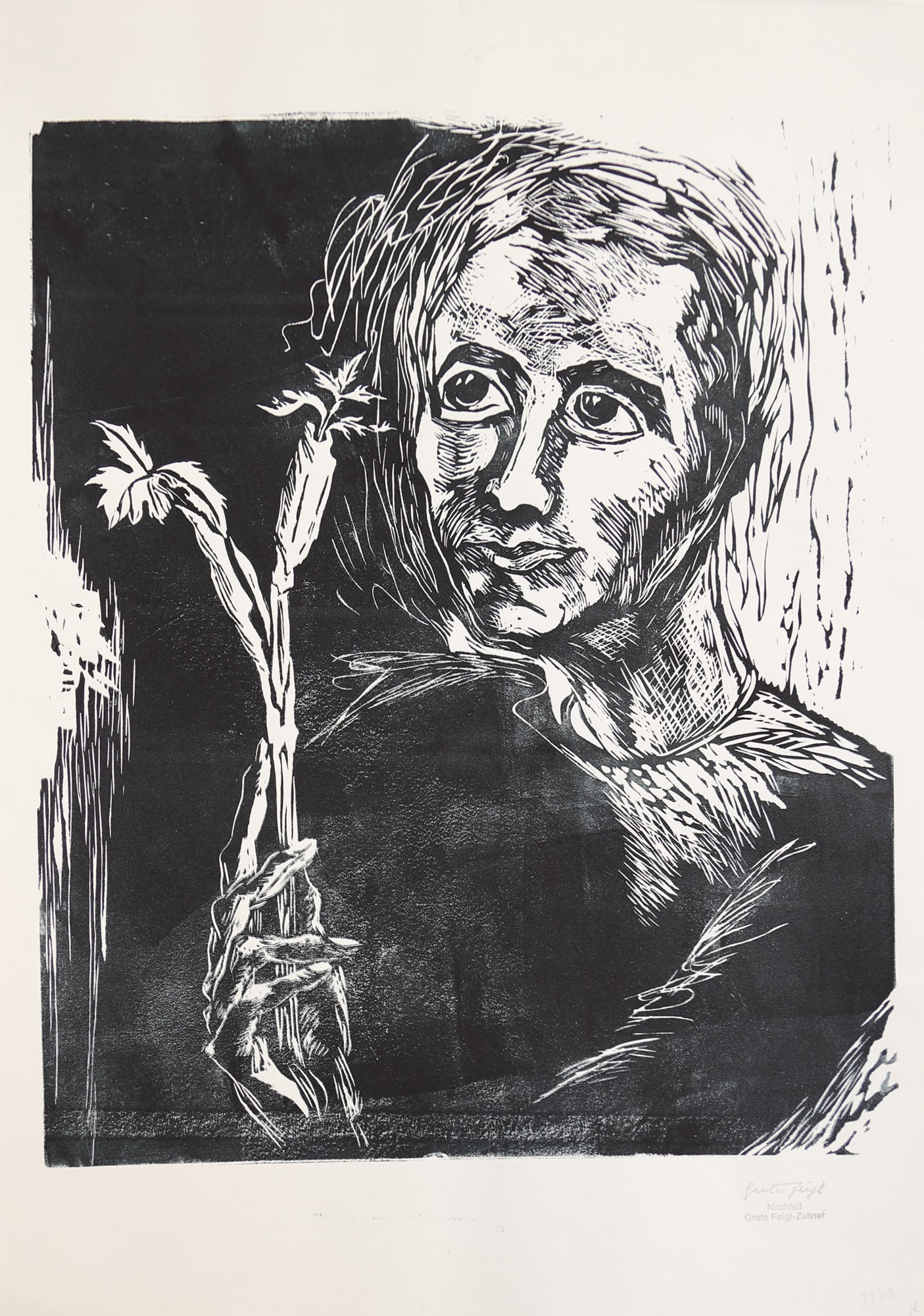 Margarete Johanna Feigl-Zellner* (Gmunden 1900 - 1994 unknown): Margarete Johanna Feigl-Zellner* (Gmunden 1900 - 1994 unknown) Portrait of a lady linocut/paper 61 x 43,2 cm estate stamp Grete Feigl-Zellner SCHÄTZPREIS / ESTIMATE &#