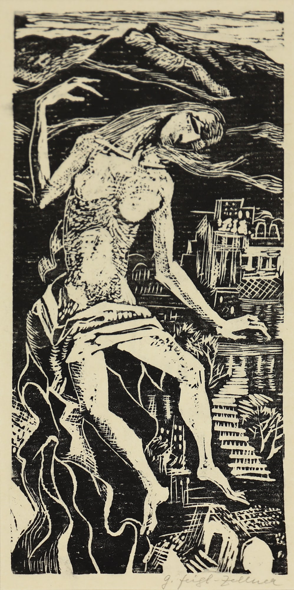 Margarete Johanna Feigl-Zellner* (Gmunden 1900 - 1994 unknown): Margarete Johanna Feigl-Zellner* (Gmunden 1900 - 1994 unknown) Female nude woodcut/paper 30,5 x 14,4 cm signed G. Feigl-Zellner SCHÄTZPREIS / ESTIMATE °€ 10