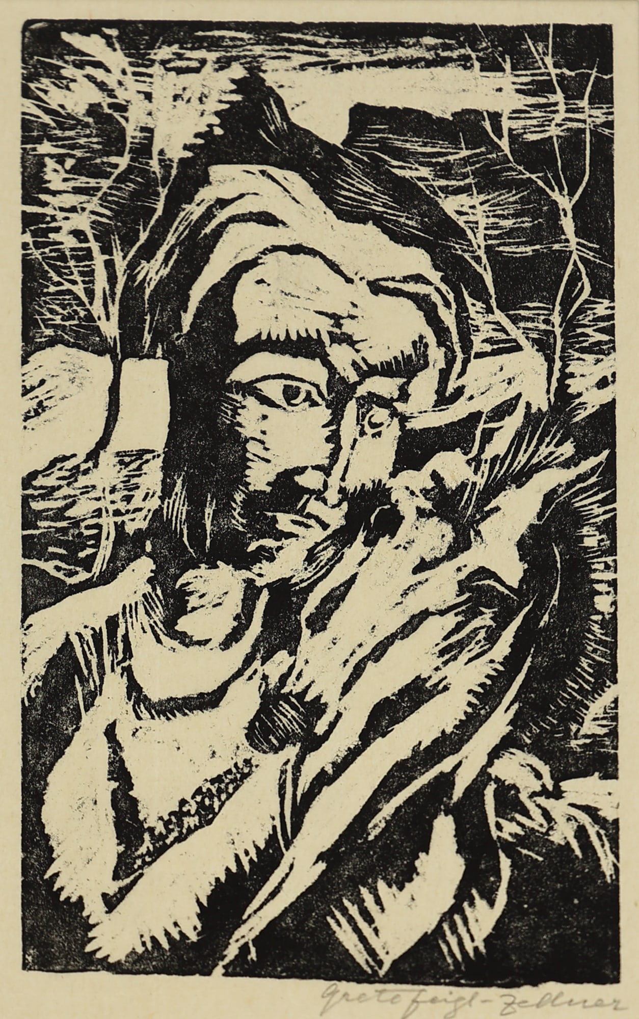 Margarete Johanna Feigl-Zellner* (Gmunden 1900 - 1994 unknown): Margarete Johanna Feigl-Zellner* (Gmunden 1900 - 1994 unknown) Man with a horse woodcut/paper 24,2 x 14 cm signed Grete Feigl-Zellner SCHÄTZPREIS / ESTIMATE °S