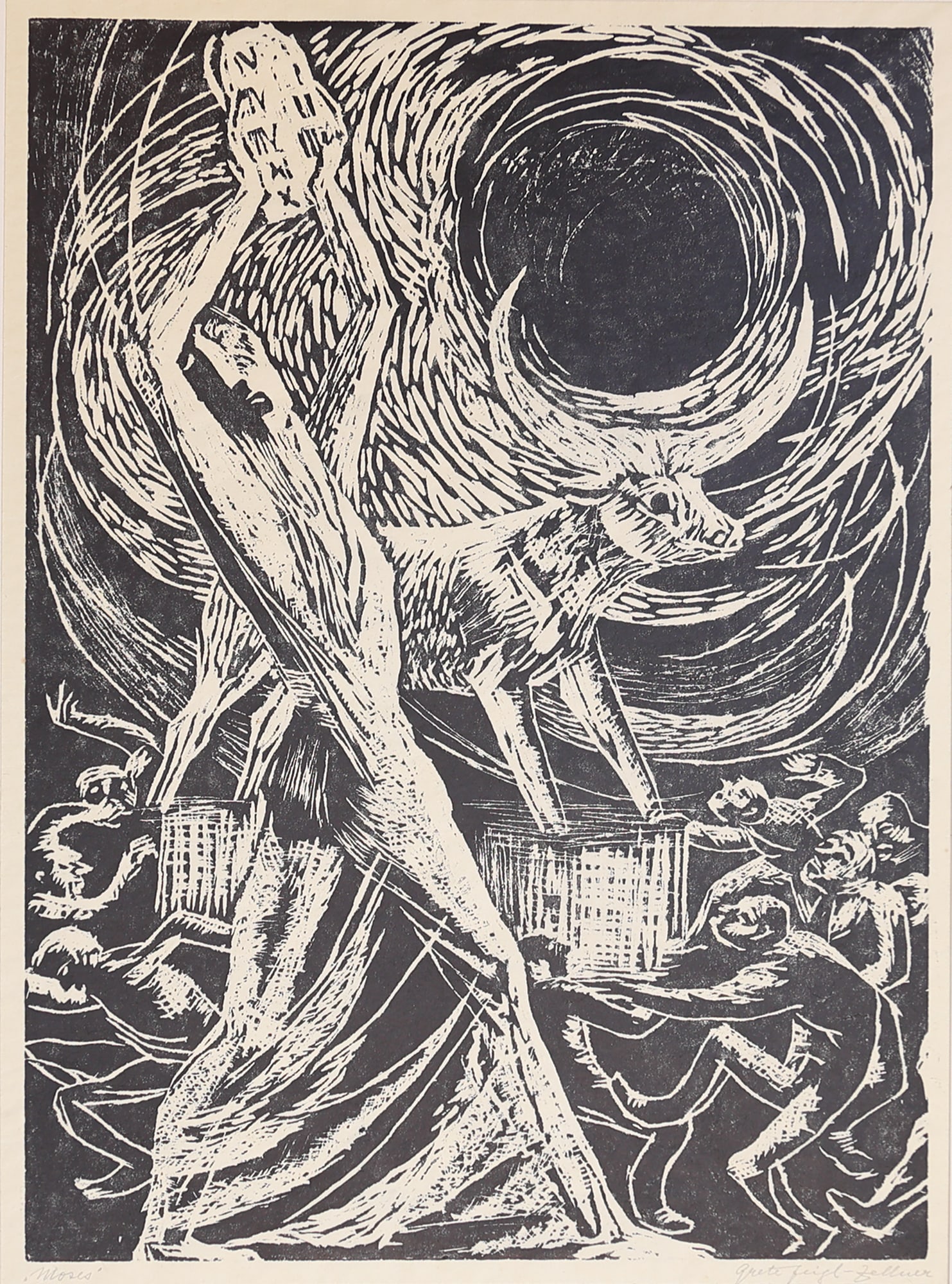 Margarete Johanna Feigl-Zellner* (Gmunden 1900 - 1994 unknown): Margarete Johanna Feigl-Zellner* (Gmunden 1900 - 1994 unknown) Moses woodcut/paper 58,3 x 40,5 cm signed Grete Feigl-Zellner, inscribed Moses SCHÄTZPREIS / ESTIMATE &#